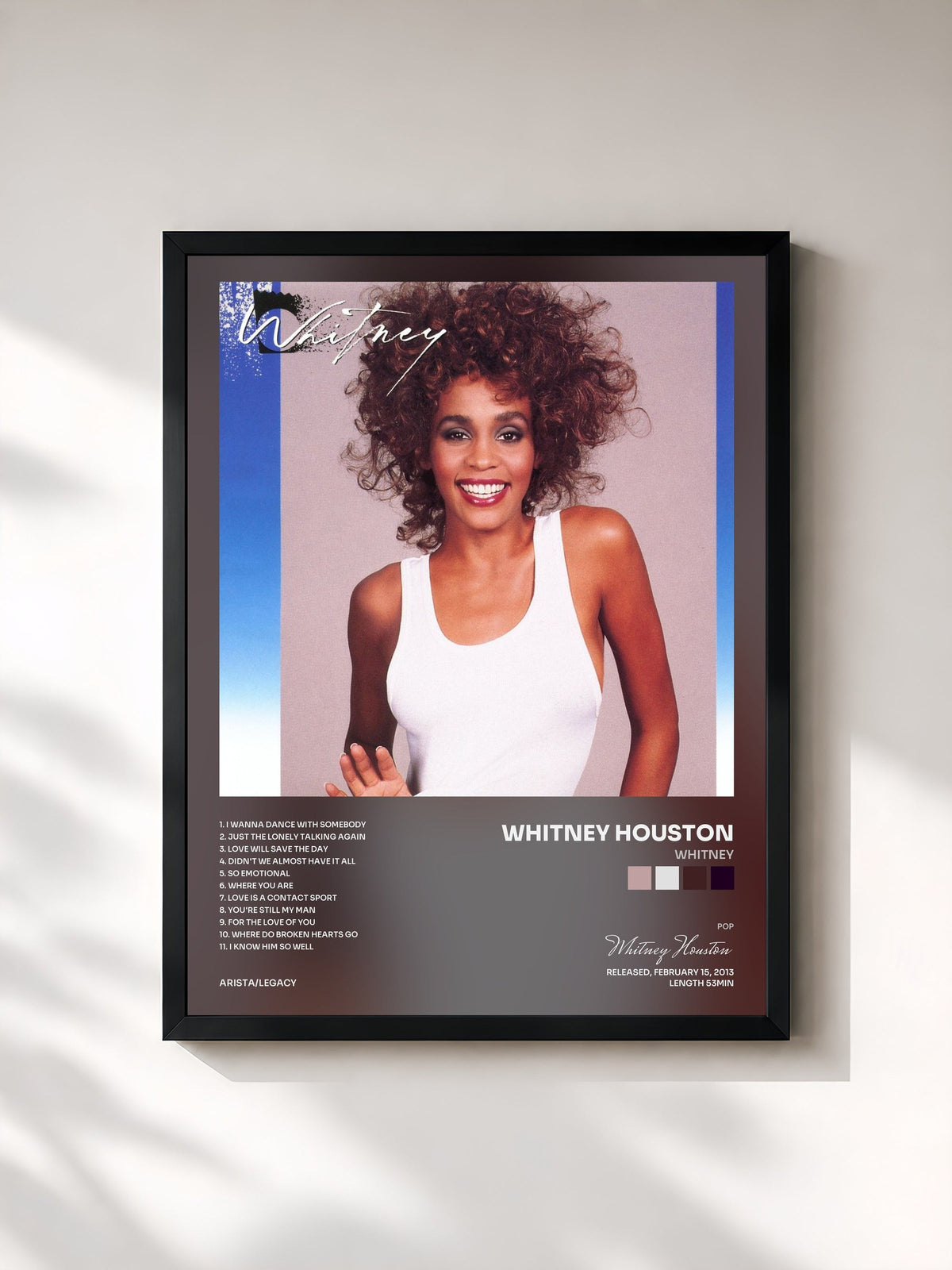 #noir Tableau de l'album Whitney de Whitney Houston, cadre noir, imprimé et encadré en France