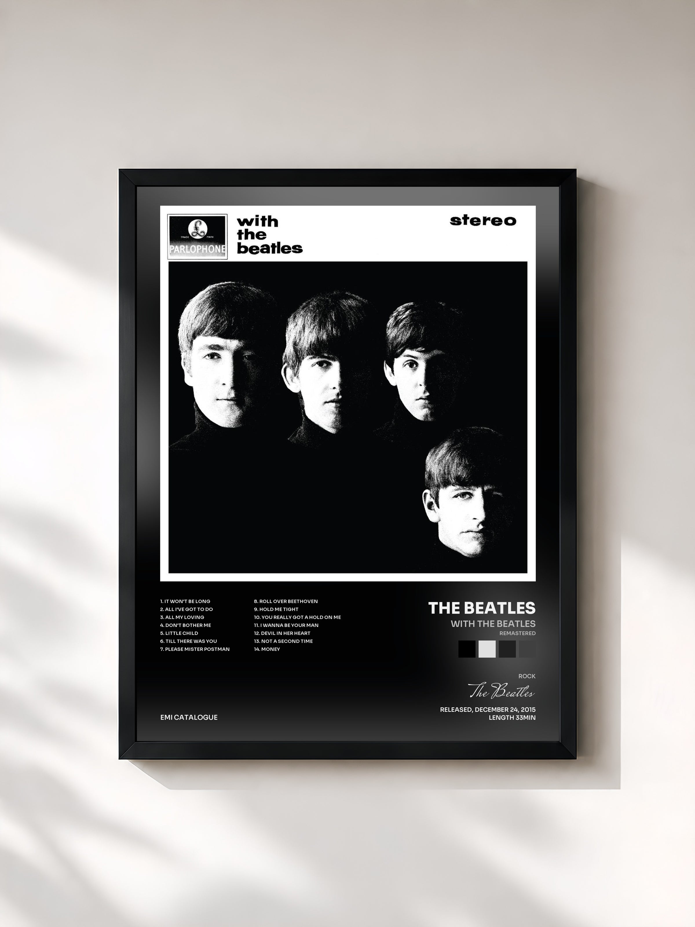 #noir With The Beatles (Remastered) by The Beatles as a framed art print, black frame, printed and framed in France