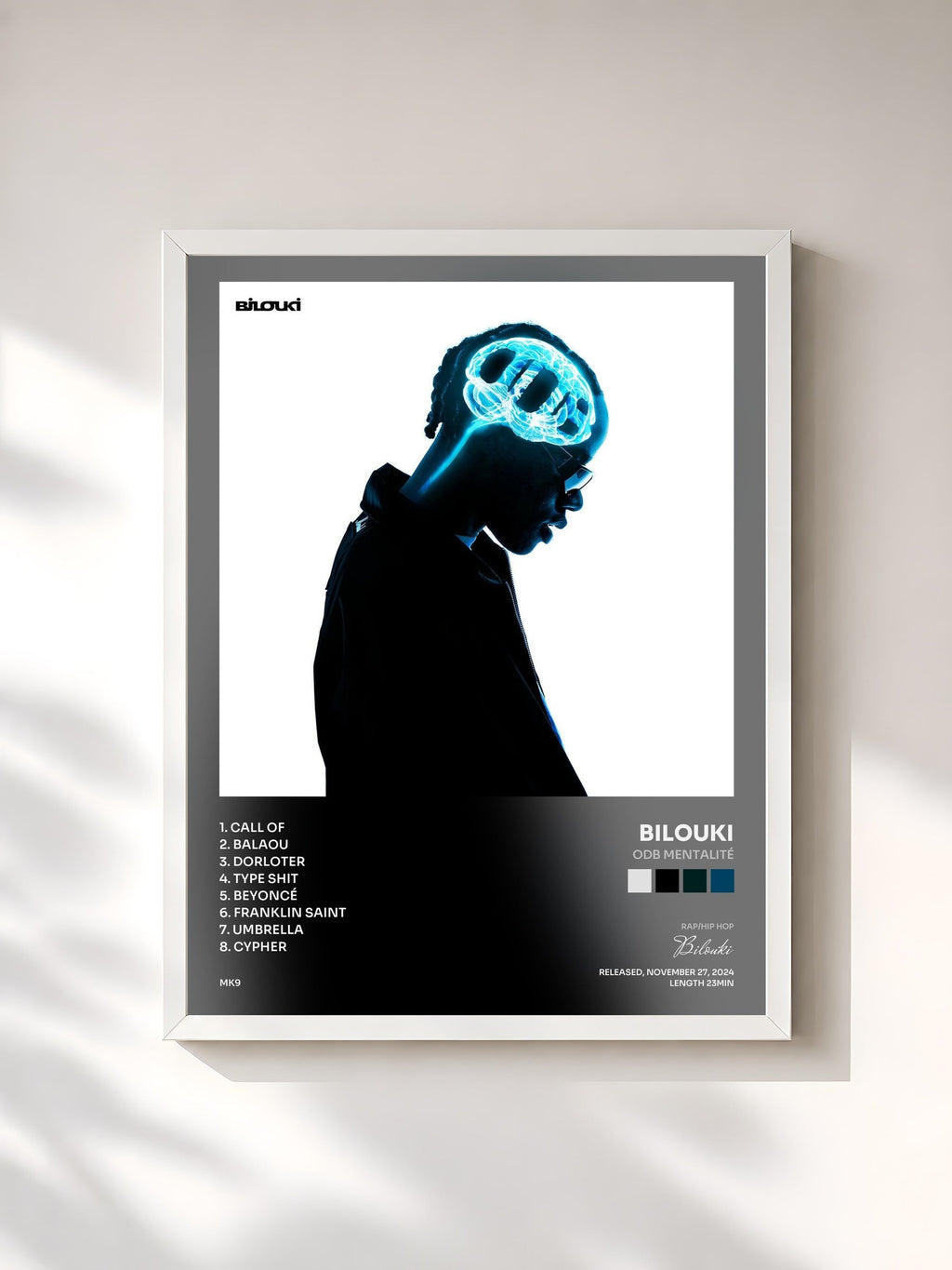 #blanc Tableau de l'album ODB Mentalité de Bilouki, cadre blanc, imprimé et encadré en France