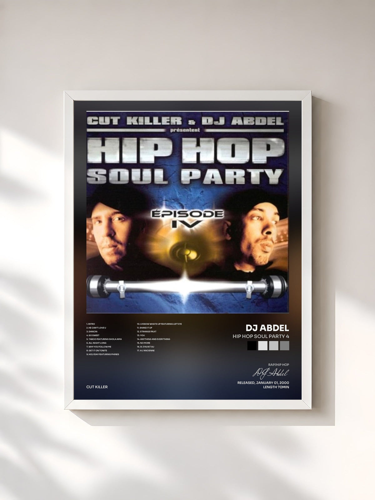 #blanc Tableau de l'album Hip Hop Soul Party 4 de DJ Abdel, cadre blanc, imprimé et encadré en France