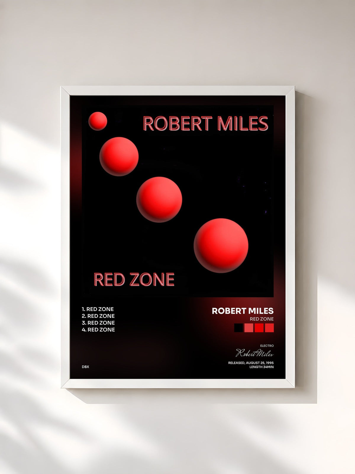 #blanc Tableau de l'album Red Zone de Robert Miles, cadre blanc, imprimé et encadré en France