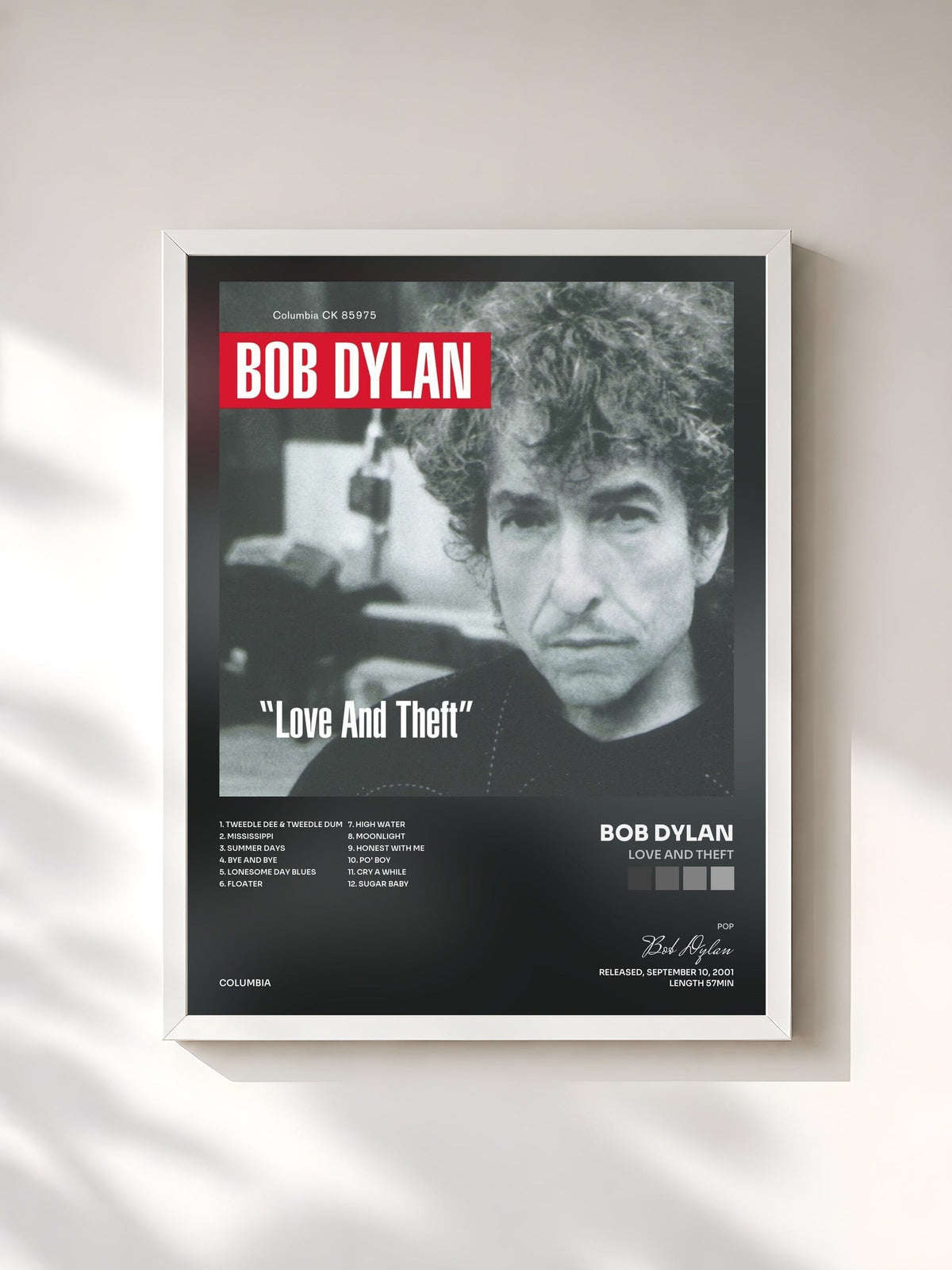 #blanc Tableau de l'album Love And Theft de Bob Dylan, cadre blanc, imprimé et encadré en France