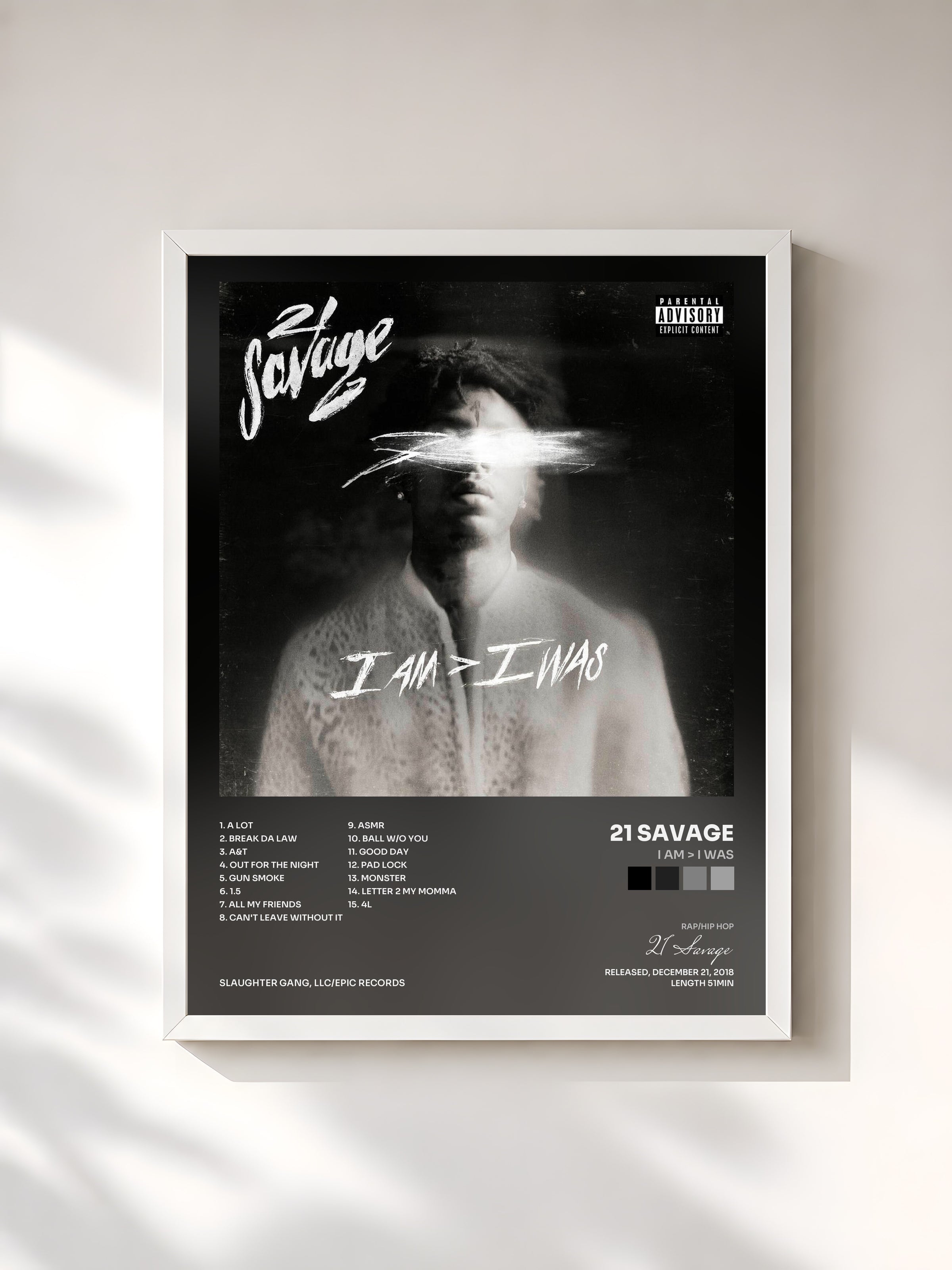 #blanc i am > i was by 21 Savage as a framed art print, white frame, printed and framed in France