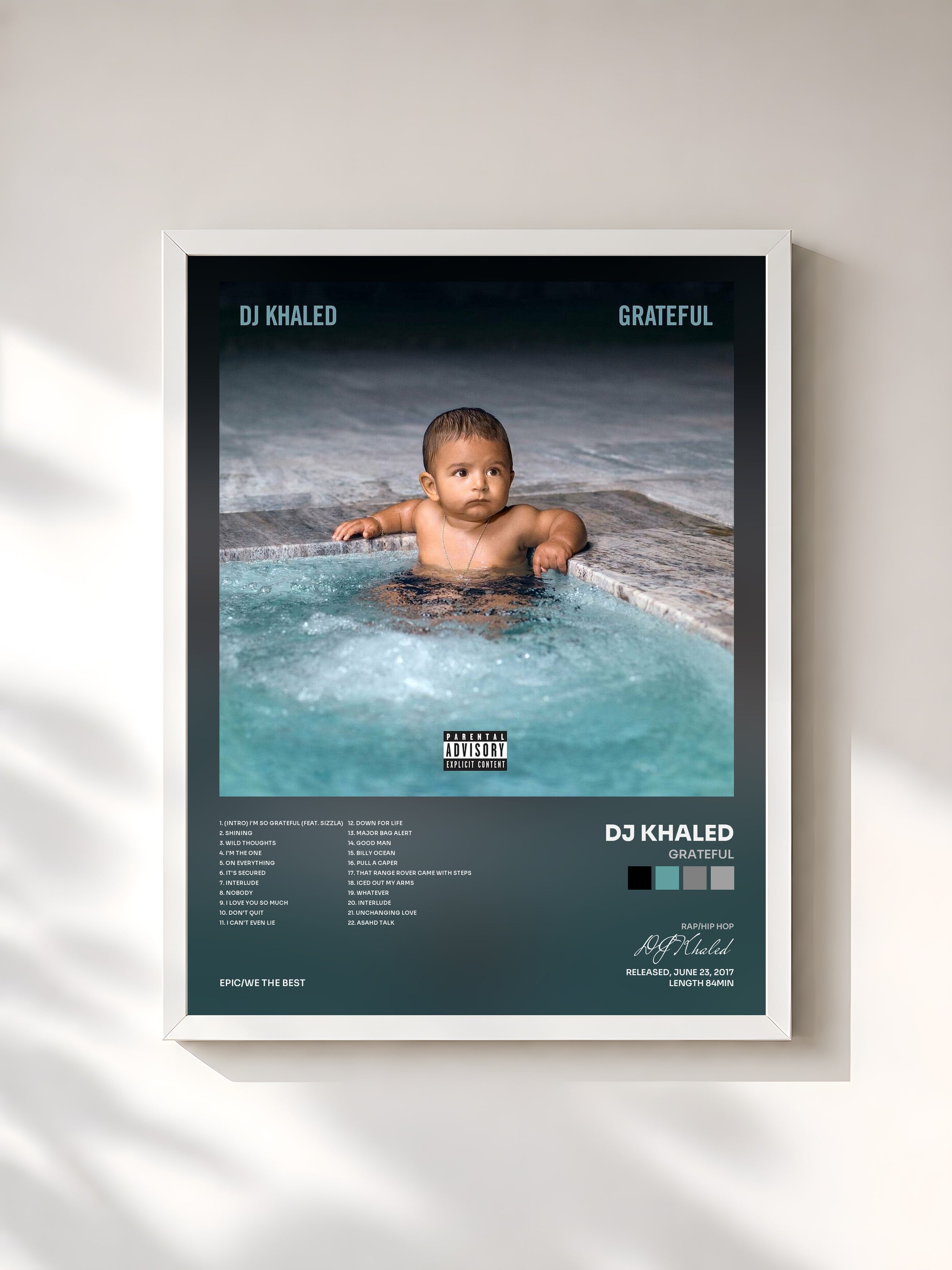#blanc Tableau de l'album Grateful de DJ Khaled, cadre blanc, imprimé et encadré en France