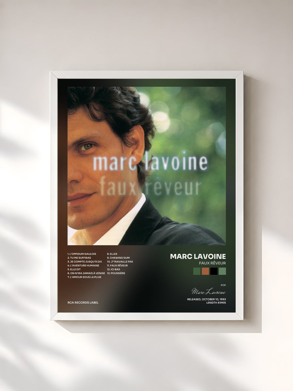 #blanc Faux rêveur de Marc Lavoine en lámina enmarcada, marco blanco, impresa y enmarcada en Francia