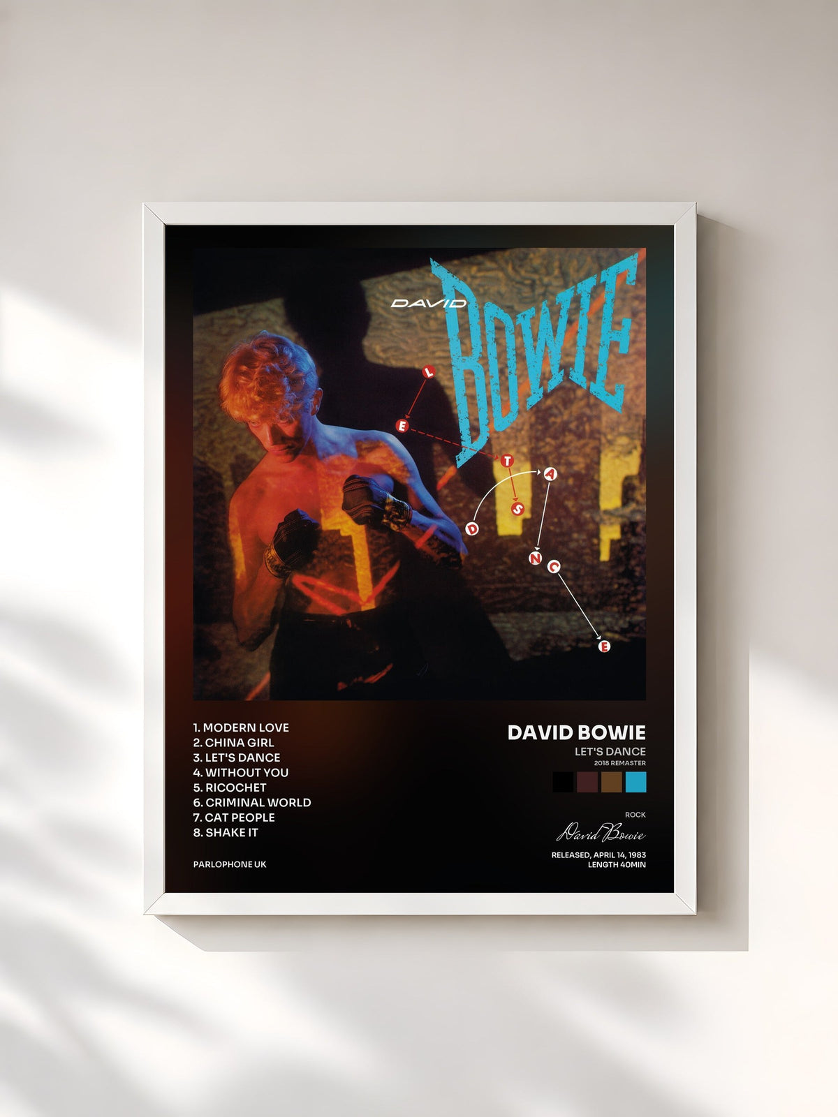 #blanc Tableau de l'album Let's Dance (2018 Remaster) de David Bowie, cadre blanc, imprimé et encadré en France