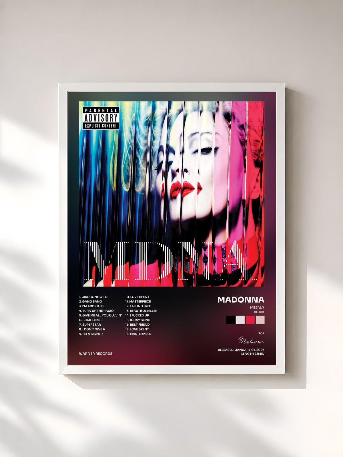 #blanc Tableau de l'album MDNA (Deluxe) de Madonna, cadre blanc, imprimé et encadré en France