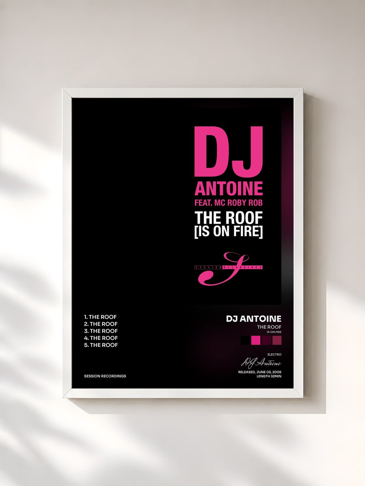 #blanc Tableau de l'album The Roof (Is on Fire) de DJ Antoine, cadre blanc, imprimé et encadré en France