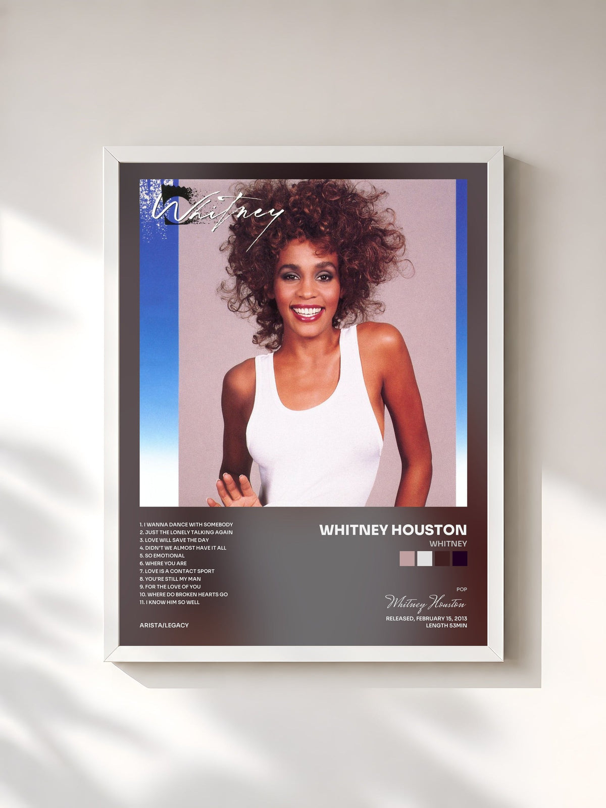 #blanc Tableau de l'album Whitney de Whitney Houston, cadre blanc, imprimé et encadré en France