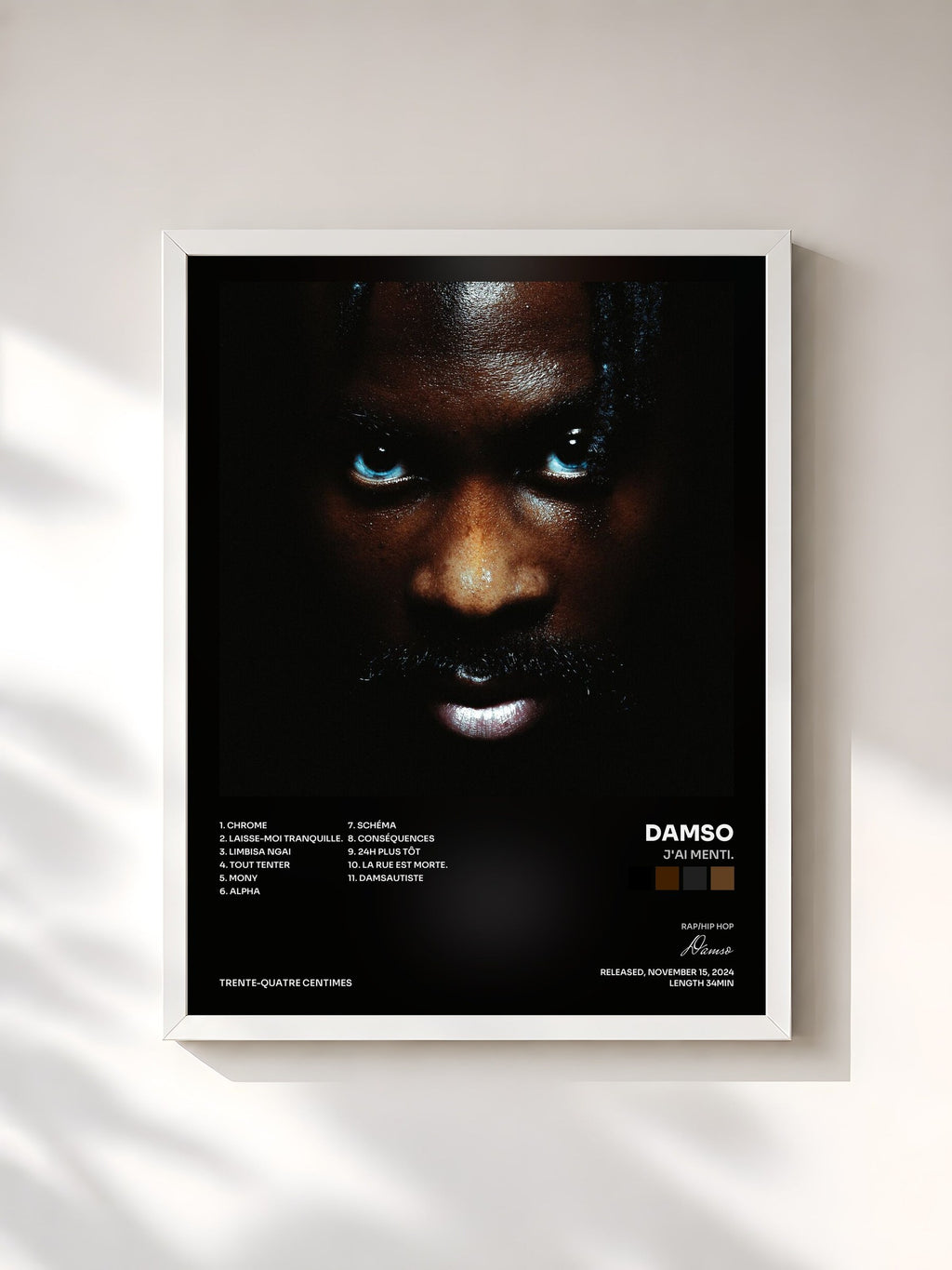 #blanc Tableau de l'album J'AI MENTI. de Damso, cadre blanc, imprimé et encadré en France