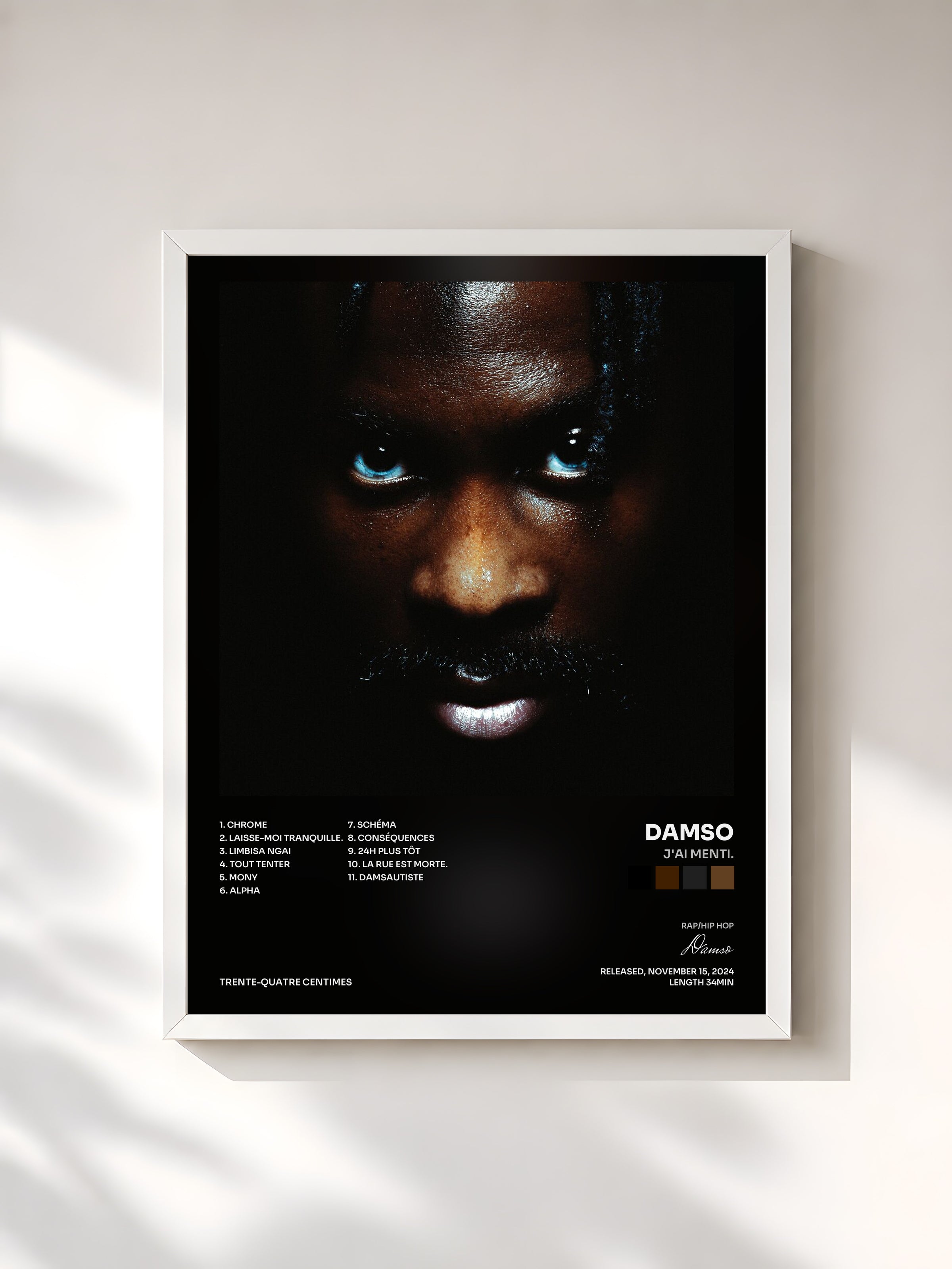 #blanc Tableau de l'album J'AI MENTI. de Damso, cadre blanc, imprimé et encadré en France