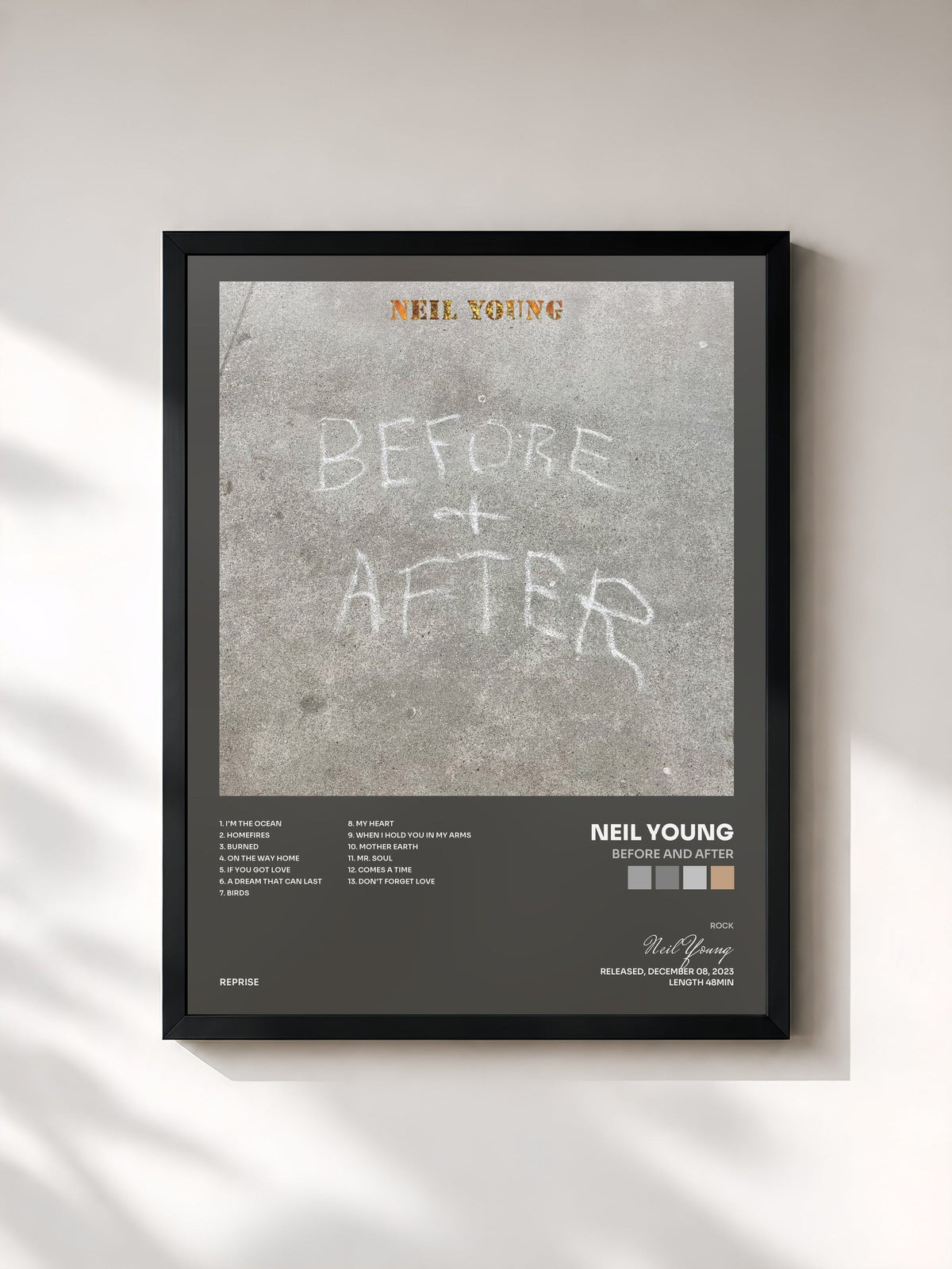 #noir Tableau de l'album Before and After de Neil Young, cadre noir, imprimé et encadré en France