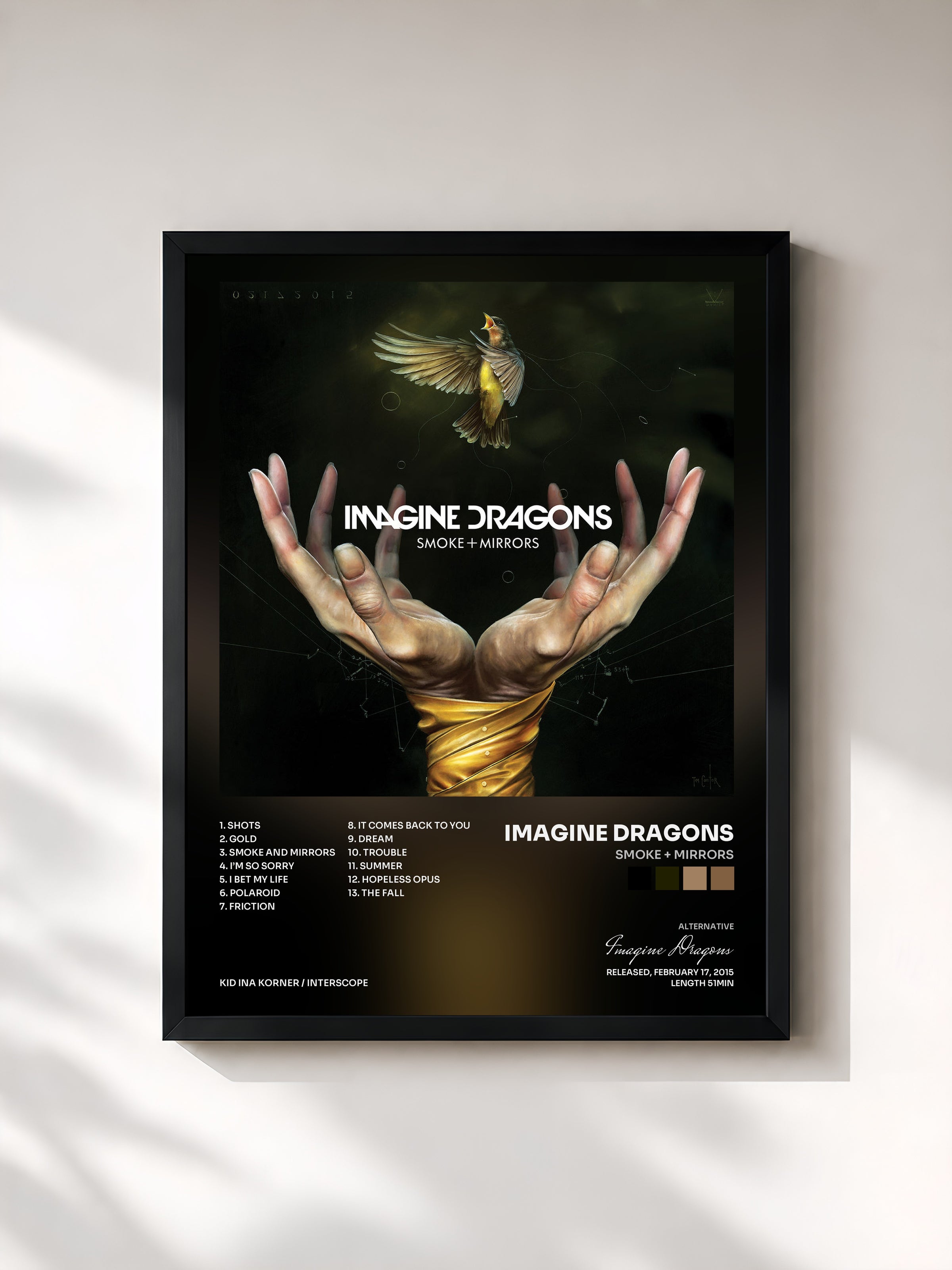 #noir Smoke + Mirrors by Imagine Dragons as a framed art print, black frame, printed and framed in France