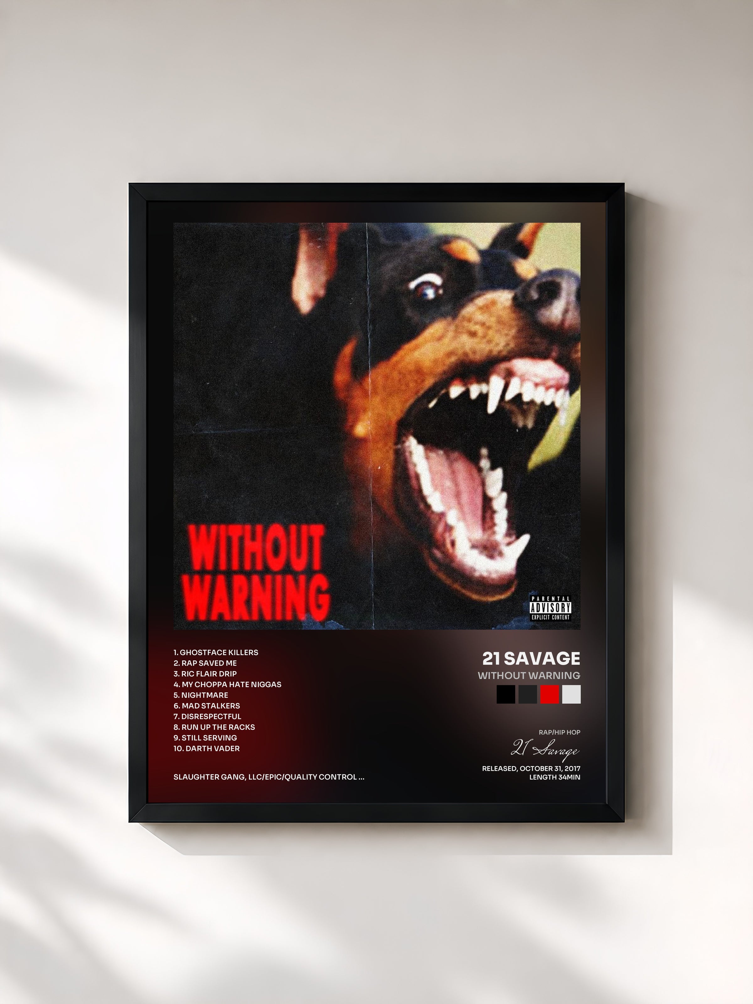 #noir Tableau de l'album Without Warning de 21 Savage, cadre noir, imprimé et encadré en France