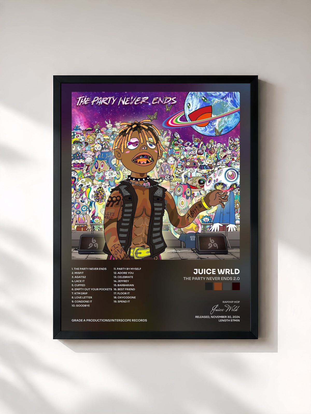 #noir Tableau de l'album The Party Never Ends 2.0 de Juice Wrld, cadre noir, imprimé et encadré en France