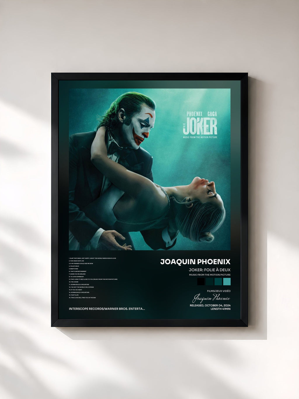 #noir Tableau de l'album Joker: Folie à Deux (Music From The Motion Picture) de Joaquin Phoenix, cadre noir, imprimé et encadré en France