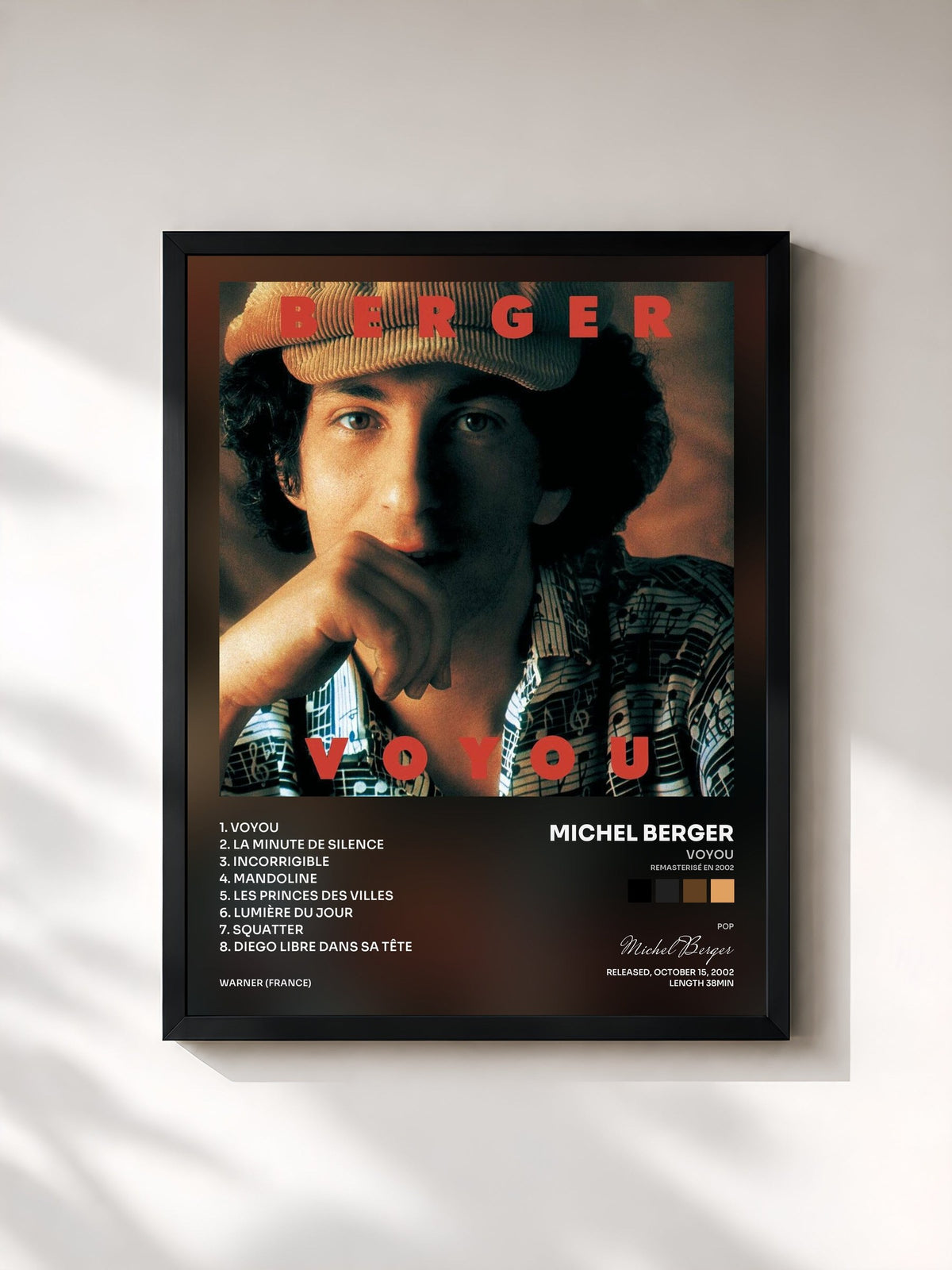 #noir Tableau de l'album Voyou (Remasterisé en 2002) de Michel Berger, cadre noir, imprimé et encadré en France