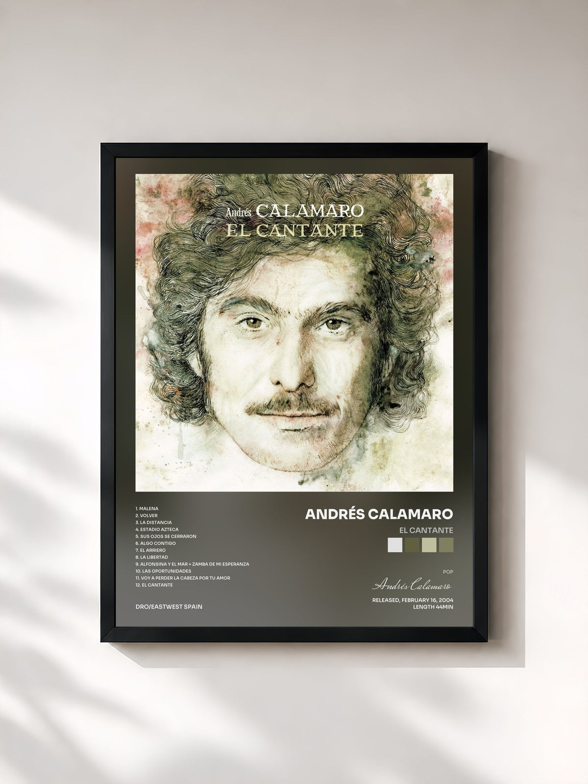 #noir Tableau de l'album El cantante de Andrés Calamaro, cadre noir, imprimé et encadré en France