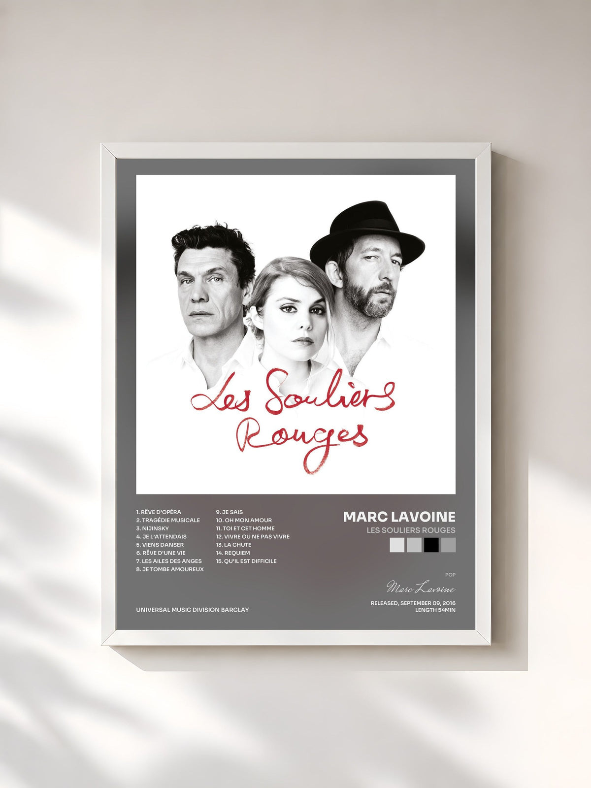 #blanc Tableau de l'album Les souliers rouges de Marc Lavoine, cadre blanc, imprimé et encadré en France