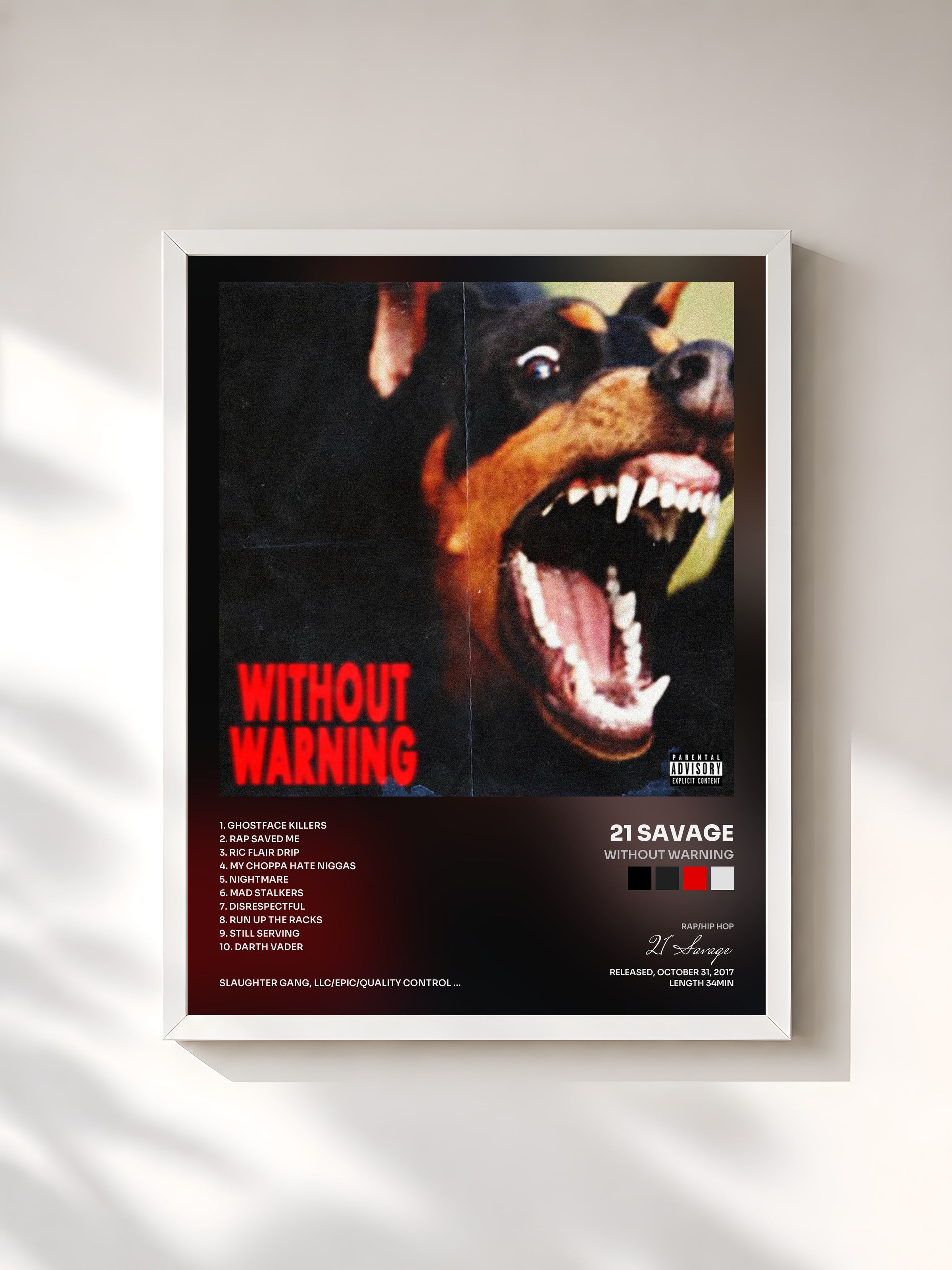 #blanc Tableau de l'album Without Warning de 21 Savage, cadre blanc, imprimé et encadré en France