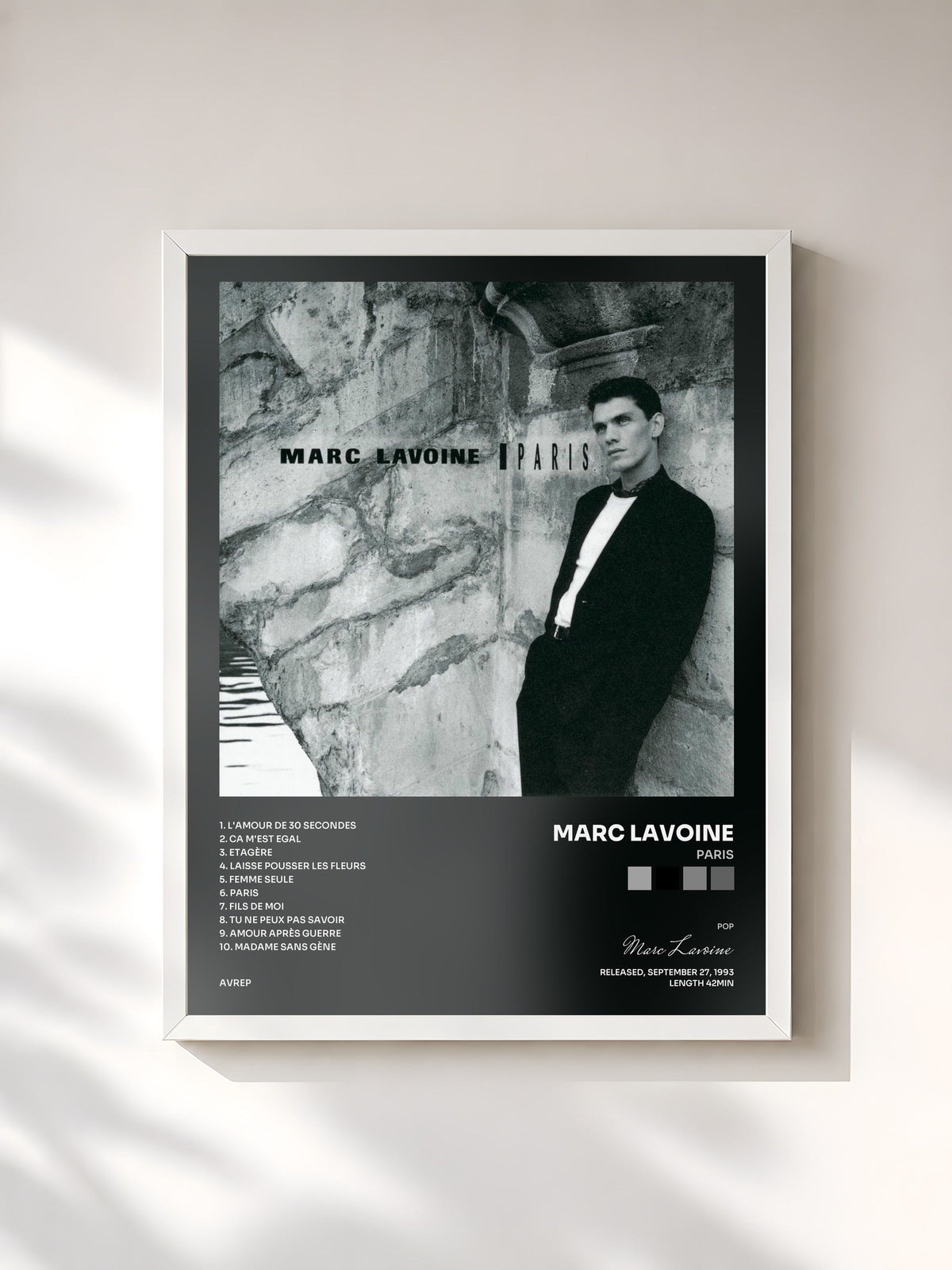 #blanc Tableau de l'album Paris de Marc Lavoine, cadre blanc, imprimé et encadré en France
