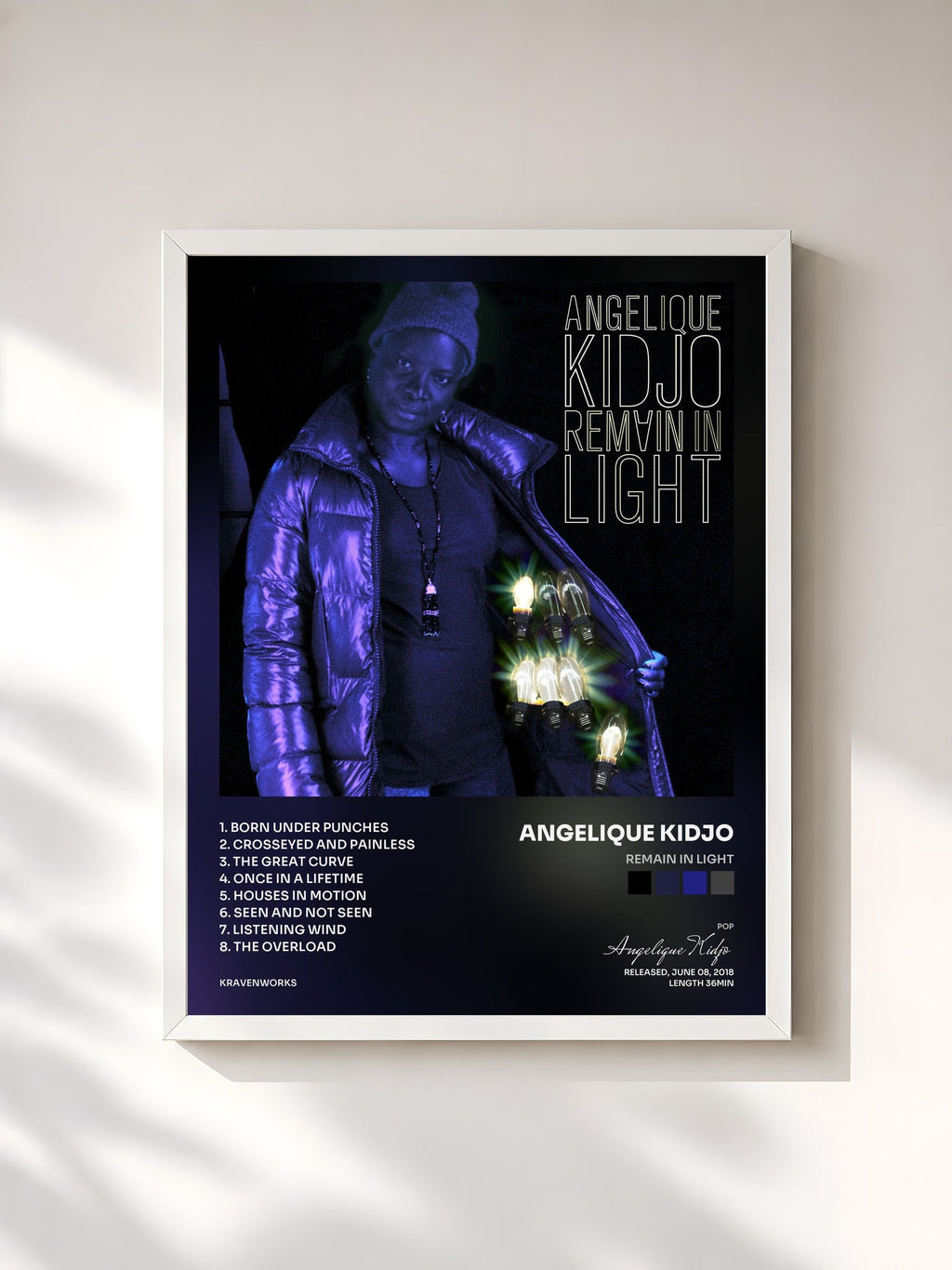 #blanc Tableau de l'album Remain in Light de Angelique Kidjo, cadre blanc, imprimé et encadré en France