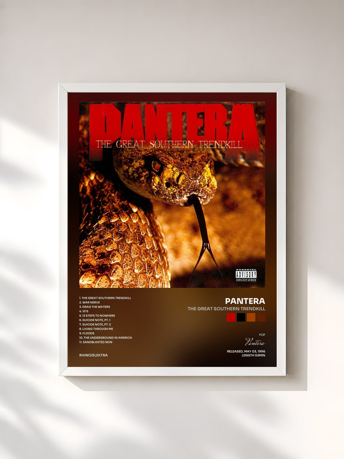#blanc Tableau de l'album The Great Southern Trendkill de Pantera, cadre blanc, imprimé et encadré en France