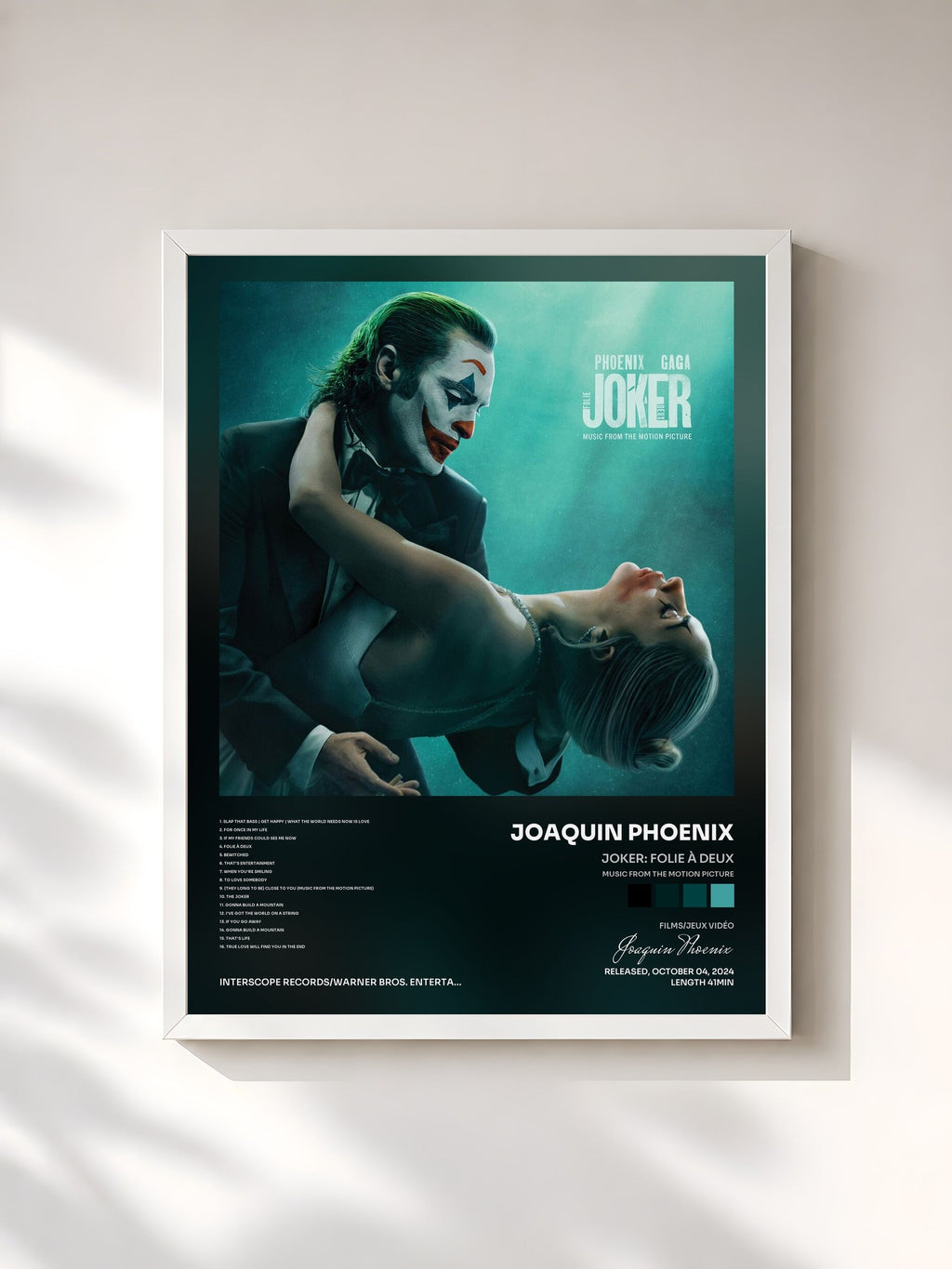 #blanc Tableau de l'album Joker: Folie à Deux (Music From The Motion Picture) de Joaquin Phoenix, cadre blanc, imprimé et encadré en France