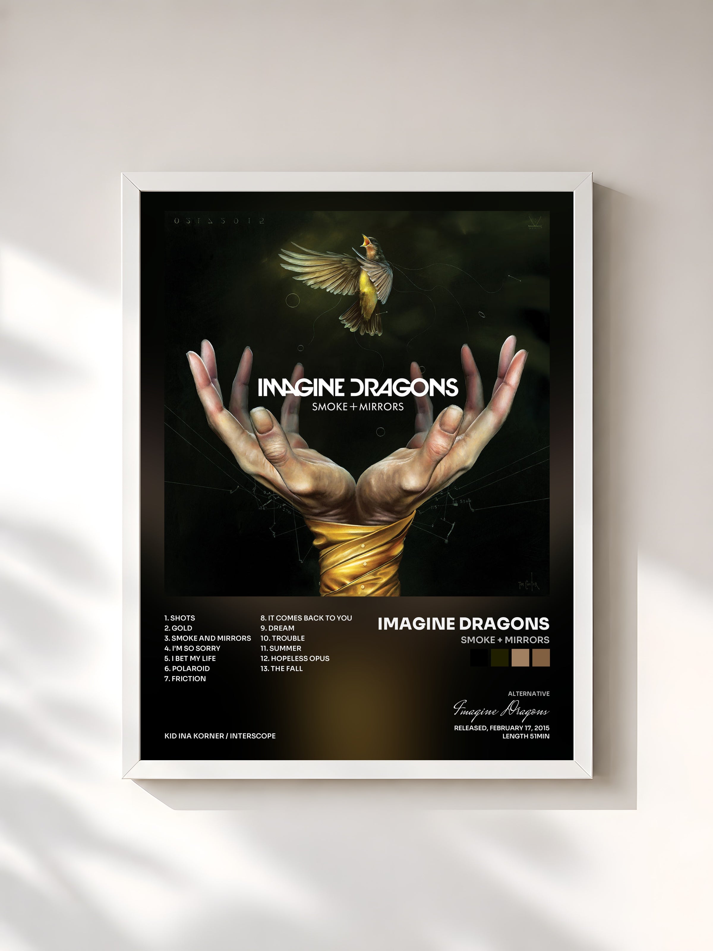 #blanc Smoke + Mirrors by Imagine Dragons as a framed art print, white frame, printed and framed in France