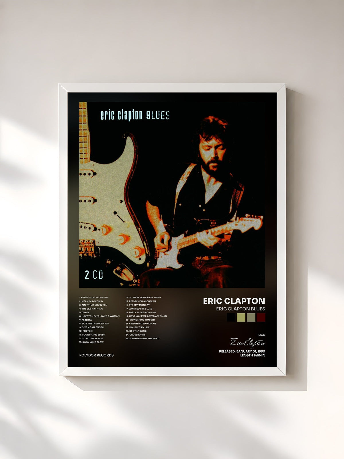 #blanc Tableau de l'album Eric Clapton Blues de Eric Clapton, cadre blanc, imprimé et encadré en France