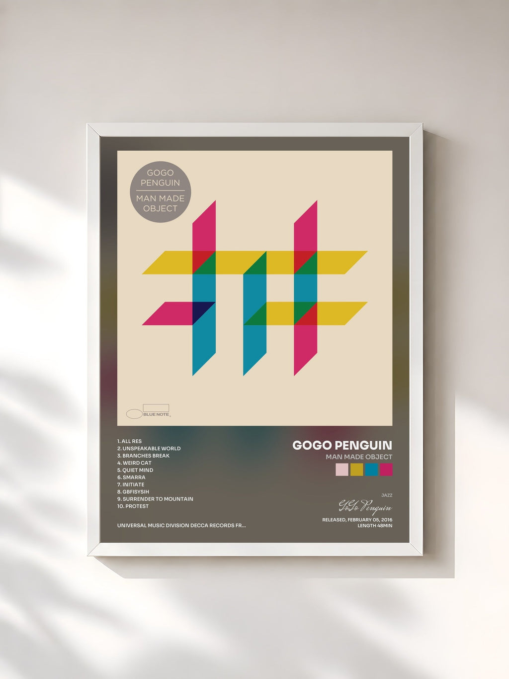 #blanc Man Made Object di GoGo Penguin in stampa incorniciata, cornice bianca, stampata e incorniciata in Francia