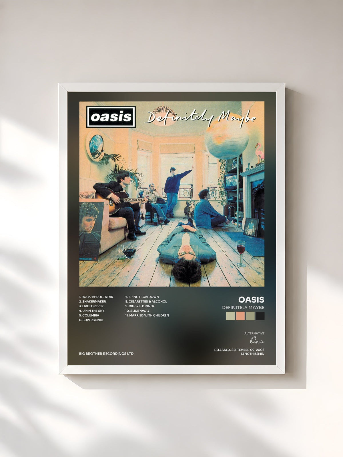 #blanc Tableau de l'album Definitely Maybe de Oasis, cadre blanc, imprimé et encadré en France