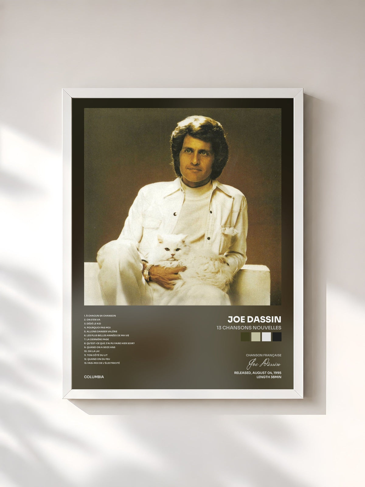 #blanc Tableau de l'album 13 Chansons Nouvelles de Joe Dassin, cadre blanc, imprimé et encadré en France