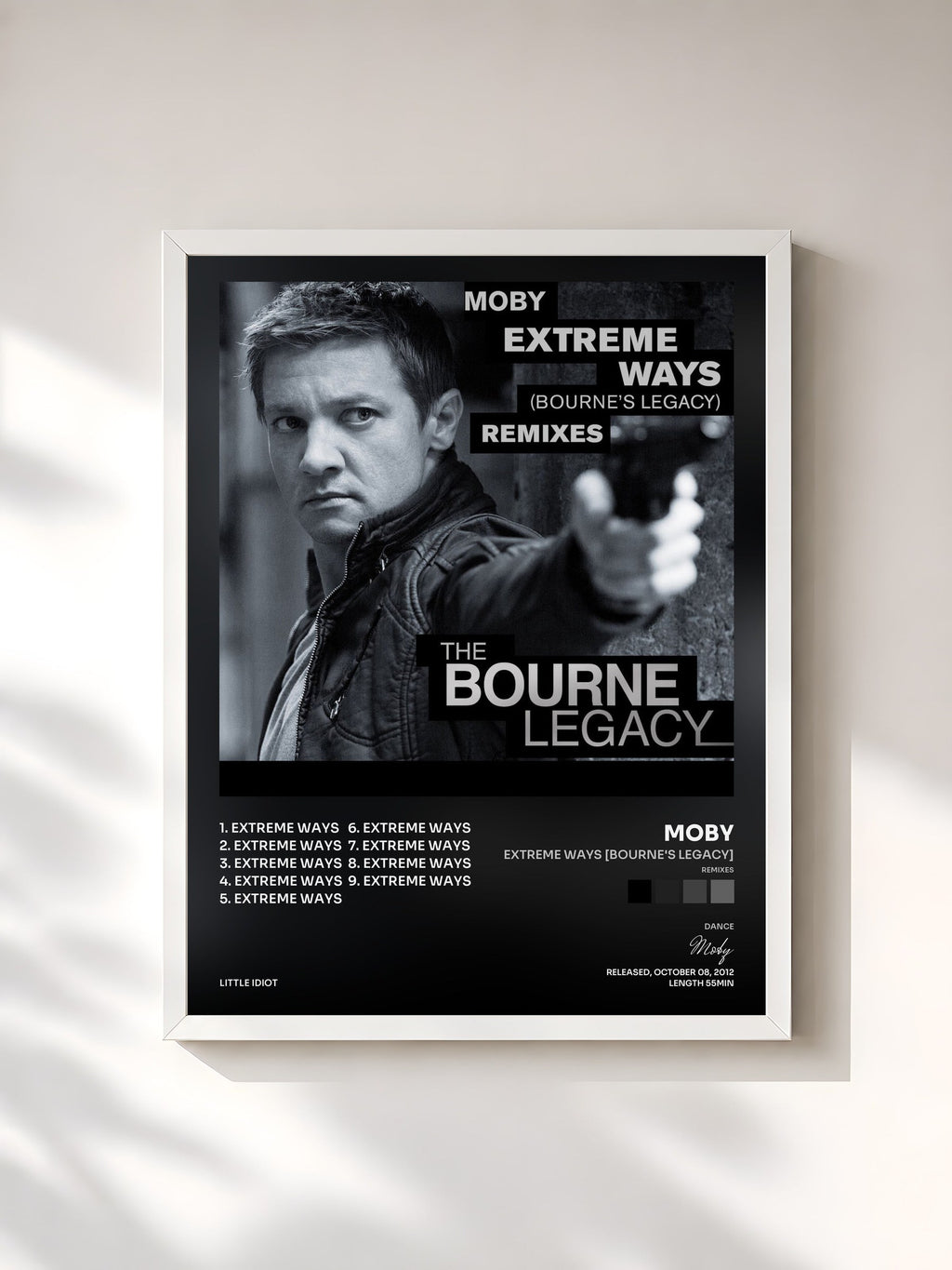 #blanc Tableau de l'album Extreme Ways (Bourne's Legacy) (Remixes) de Moby, cadre blanc, imprimé et encadré en France