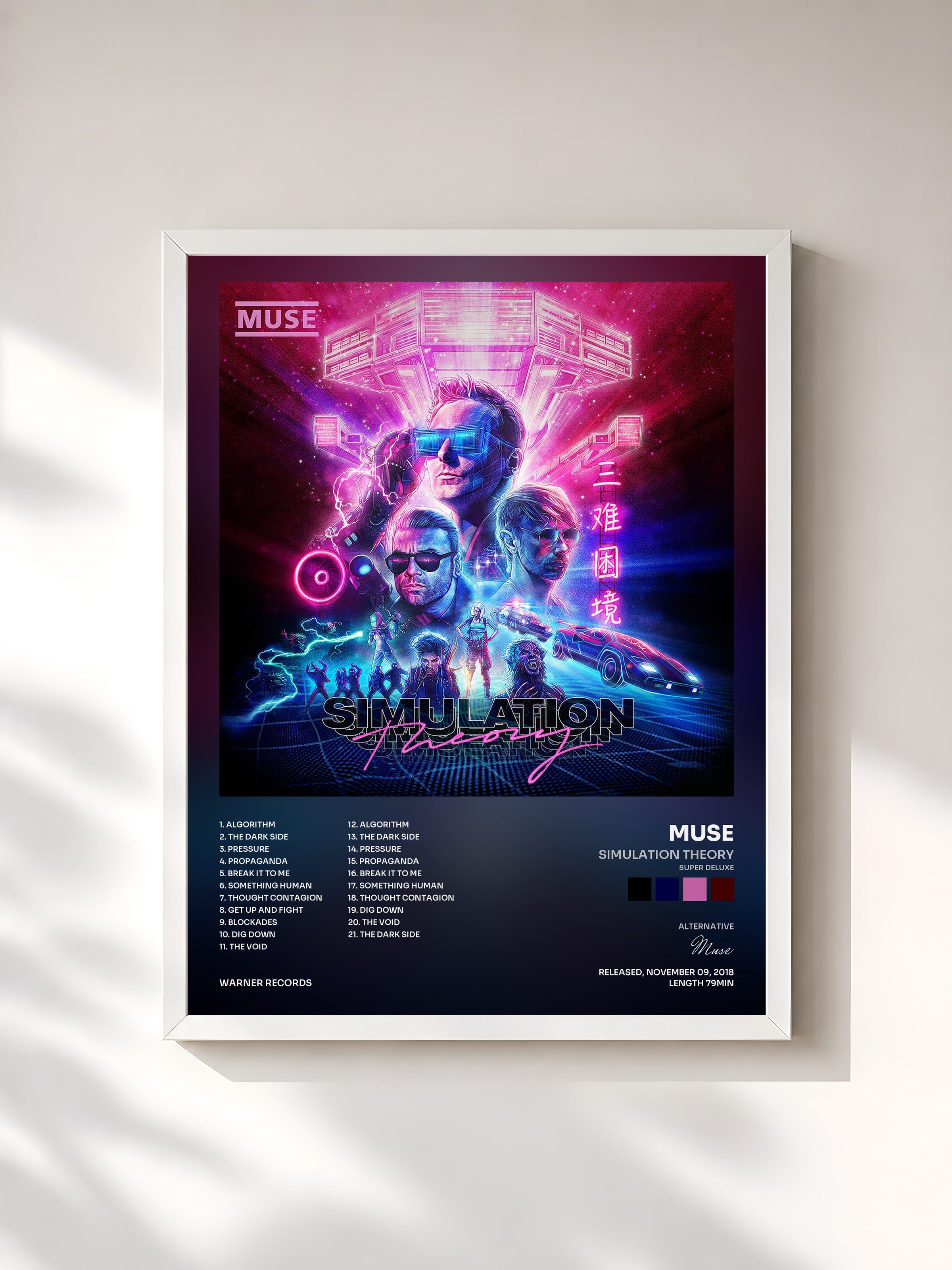 #blanc Tableau de l'album Simulation Theory (Super Deluxe) de Muse, cadre blanc, imprimé et encadré en France