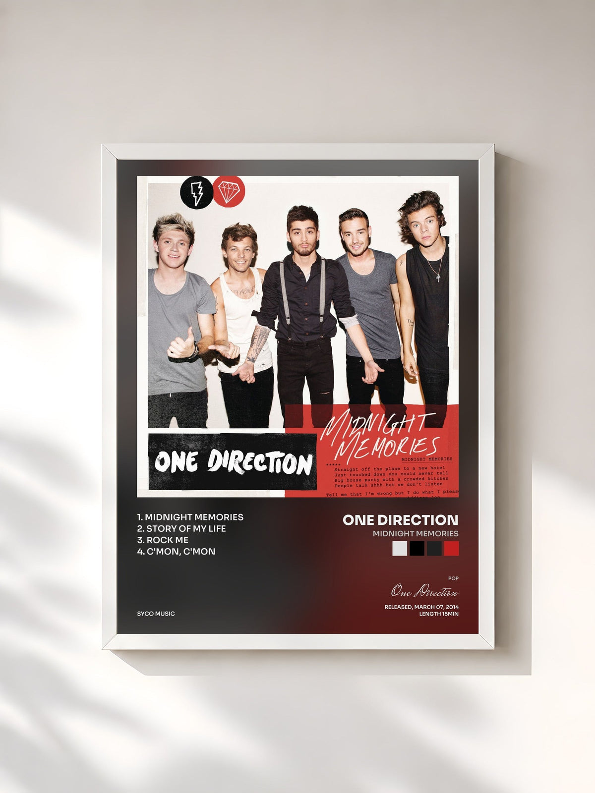 #blanc Midnight Memories by One Direction as a framed art print, white frame, printed and framed in France