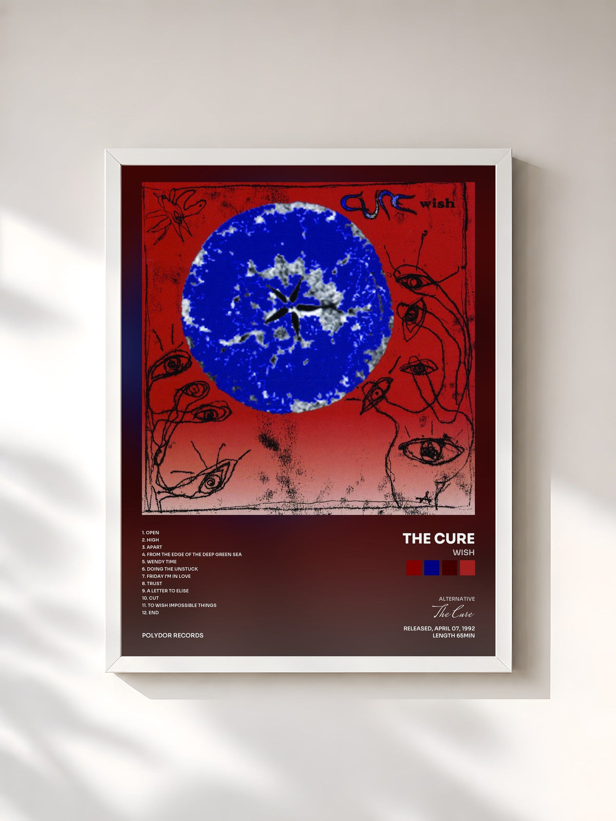 #blanc Tableau de l'album Wish de The Cure, cadre blanc, imprimé et encadré en France