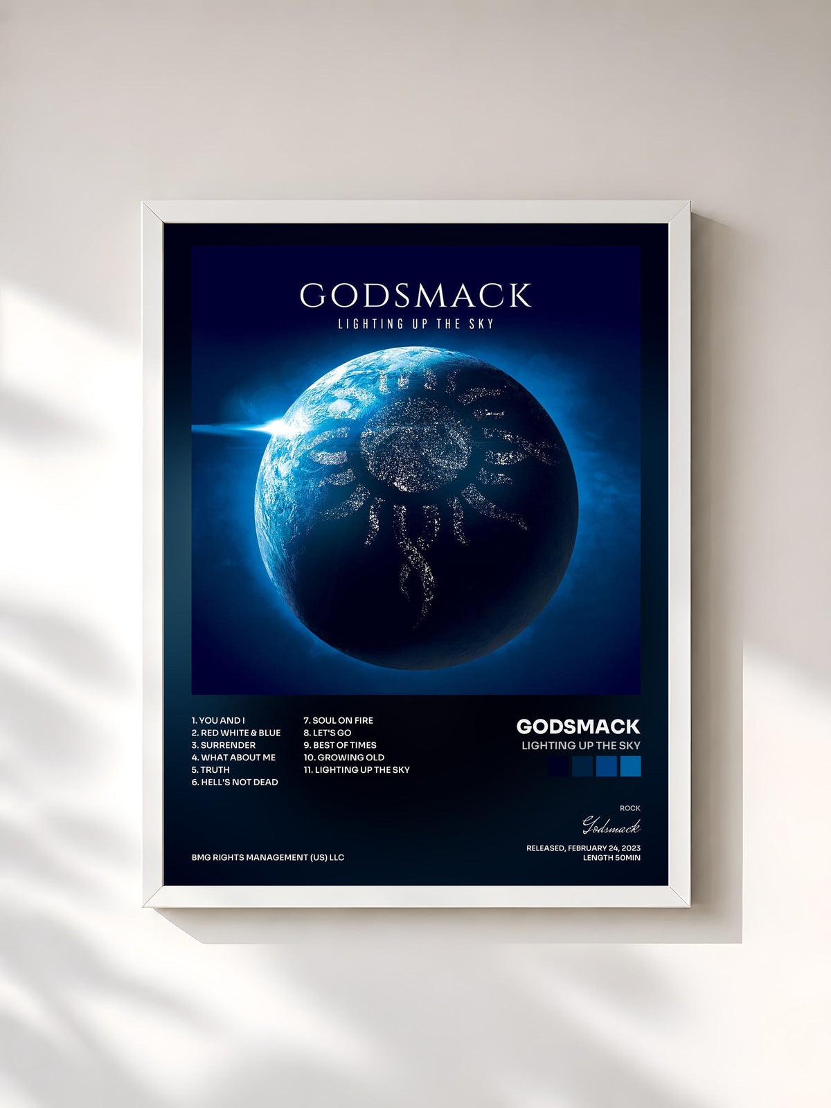 #blanc Tableau de l'album Lighting Up The Sky de Godsmack, cadre blanc, imprimé et encadré en France