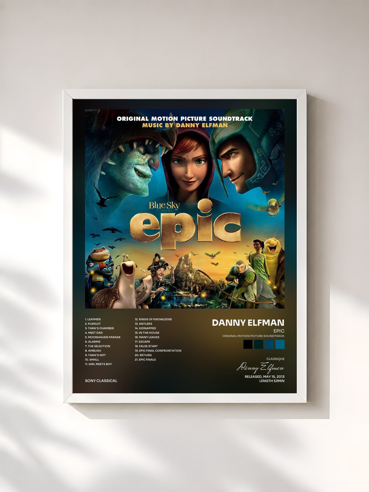 #blanc Tableau de l'album Epic (Original Motion Picture Soundtrack) de Danny Elfman, cadre blanc, imprimé et encadré en France