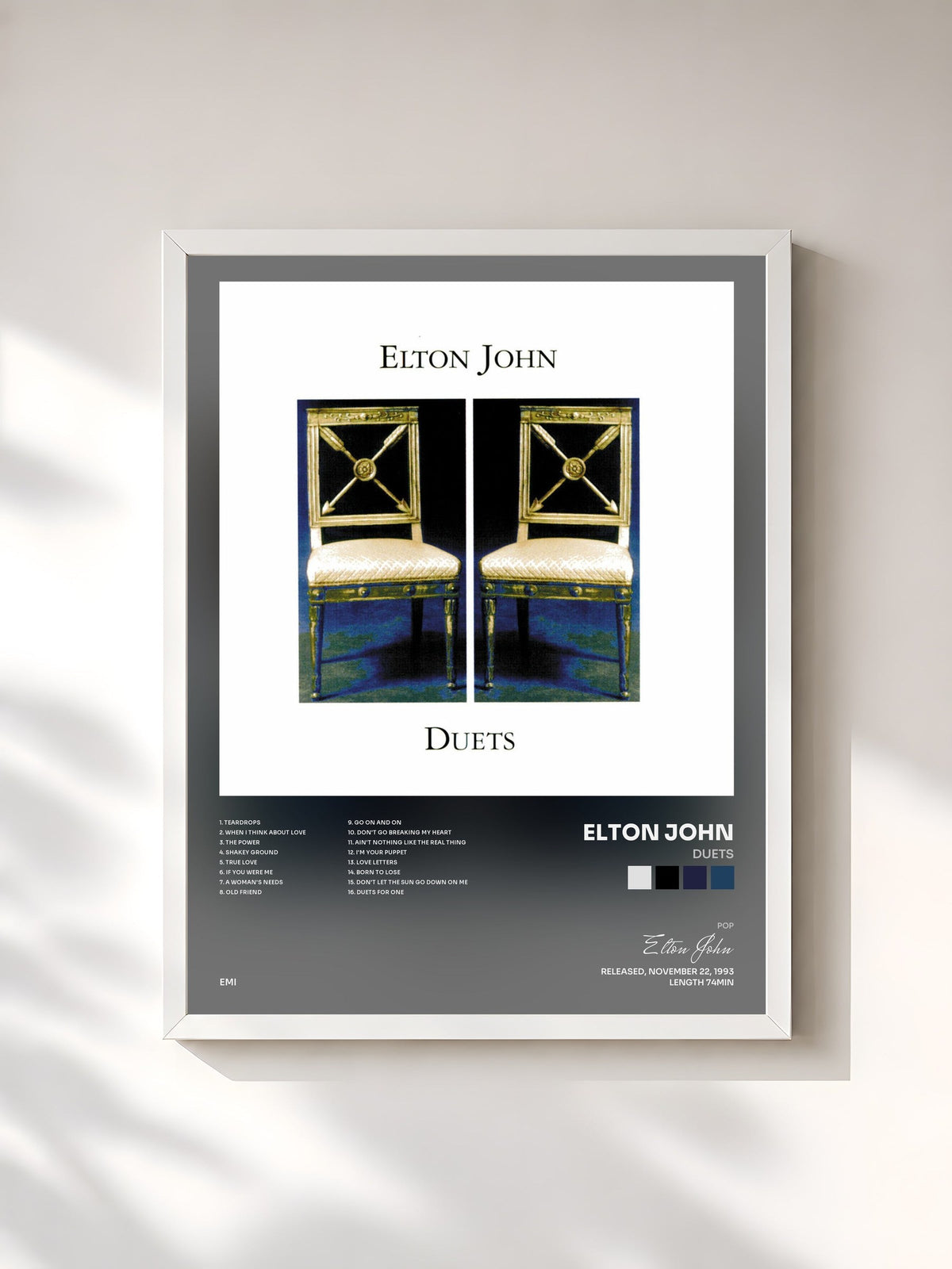 #blanc Tableau de l'album Duets de Elton John, cadre blanc, imprimé et encadré en France