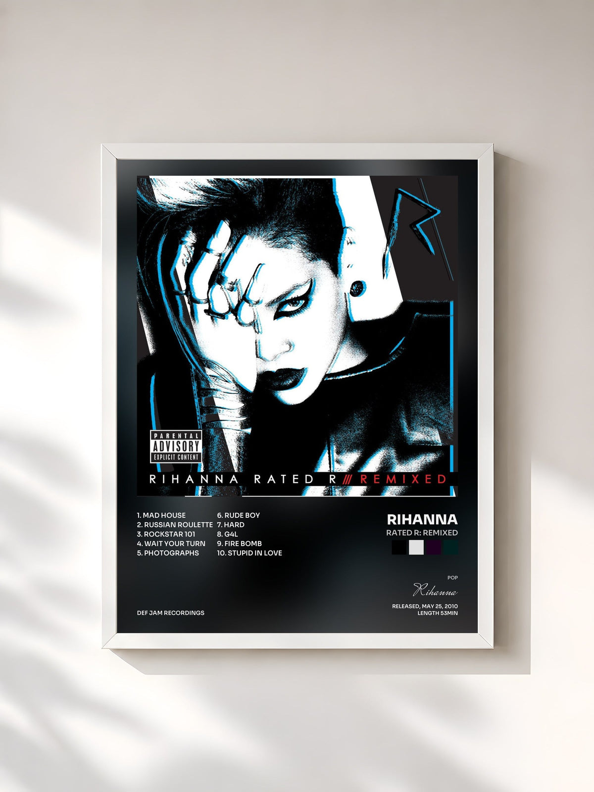 #blanc Tableau de l'album Rated R: Remixed de Rihanna, cadre blanc, imprimé et encadré en France