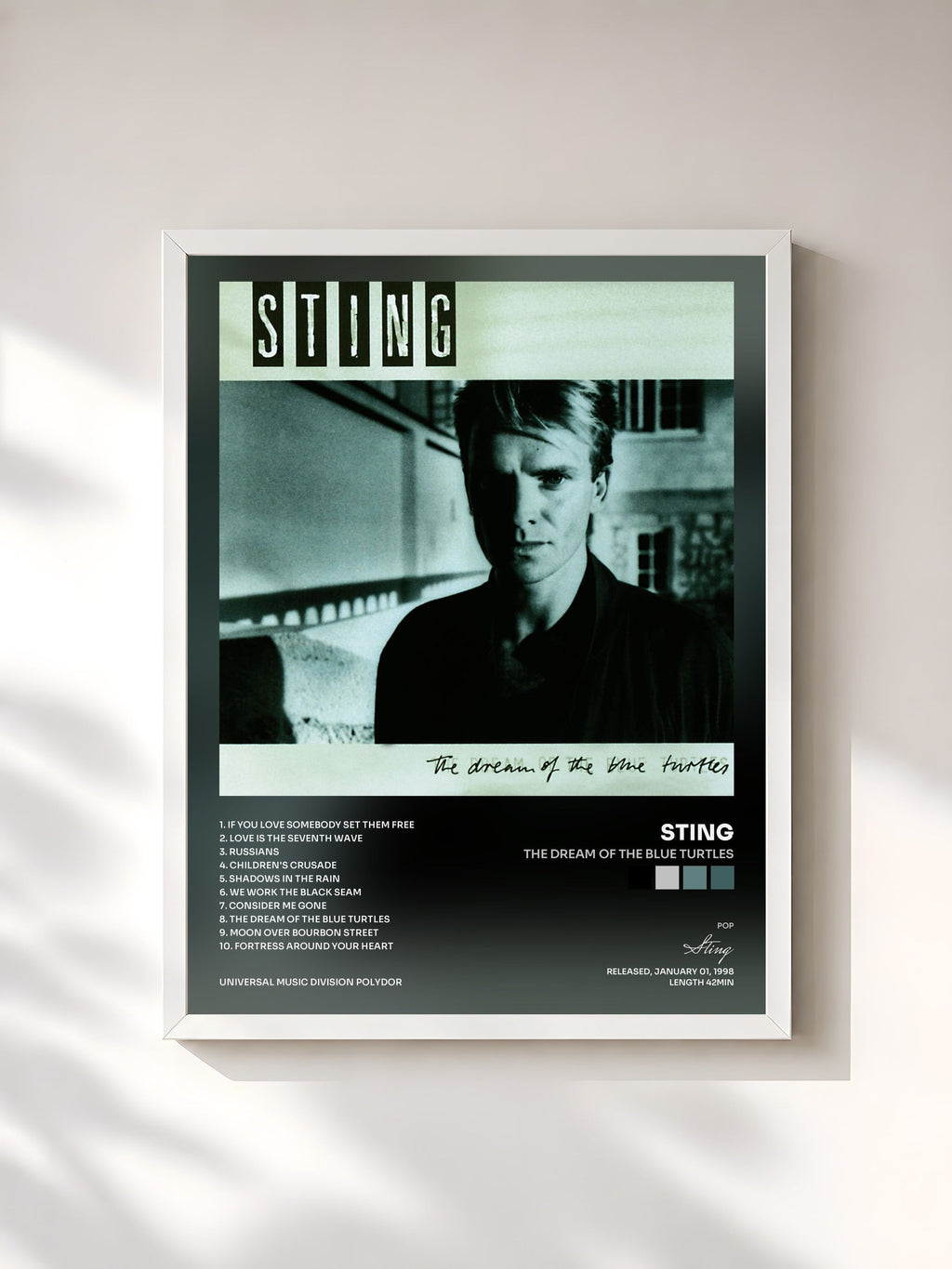 #blanc Tableau de l'album The Dream Of The Blue Turtles de Sting, cadre blanc, imprimé et encadré en France