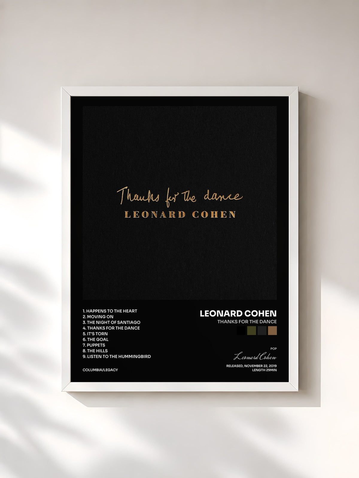 #blanc Tableau de l'album Thanks for the Dance de Leonard Cohen, cadre blanc, imprimé et encadré en France