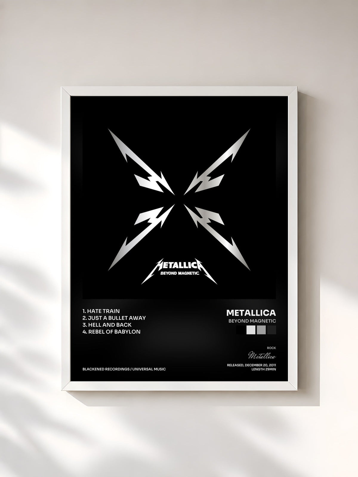 #blanc Tableau de l'album Beyond Magnetic de Metallica, cadre blanc, imprimé et encadré en France