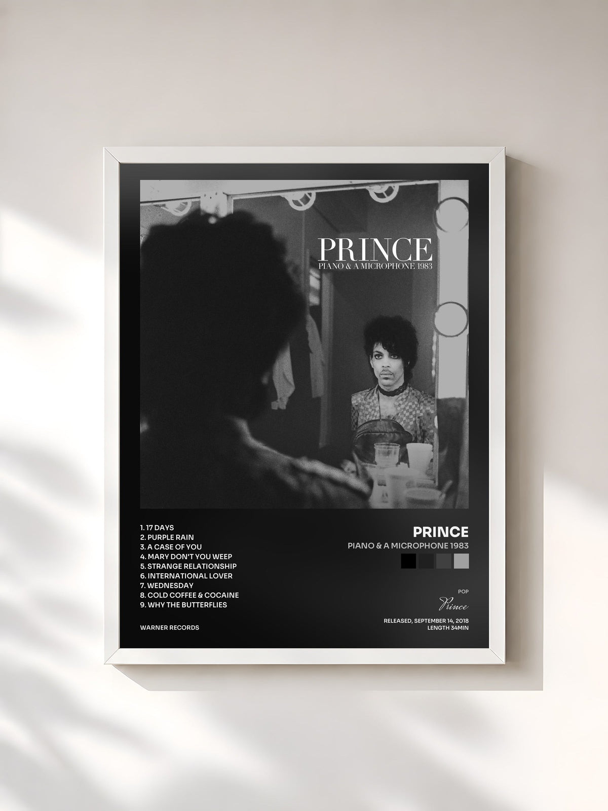 #blanc Tableau de l'album Piano & A Microphone 1983 de Prince, cadre blanc, imprimé et encadré en France