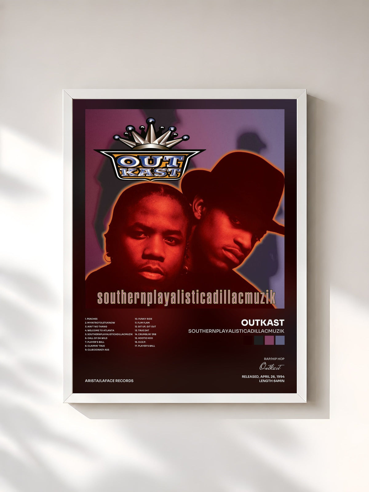 #blanc Tableau de l'album Southernplayalisticadillacmuzik de Outkast, cadre blanc, imprimé et encadré en France