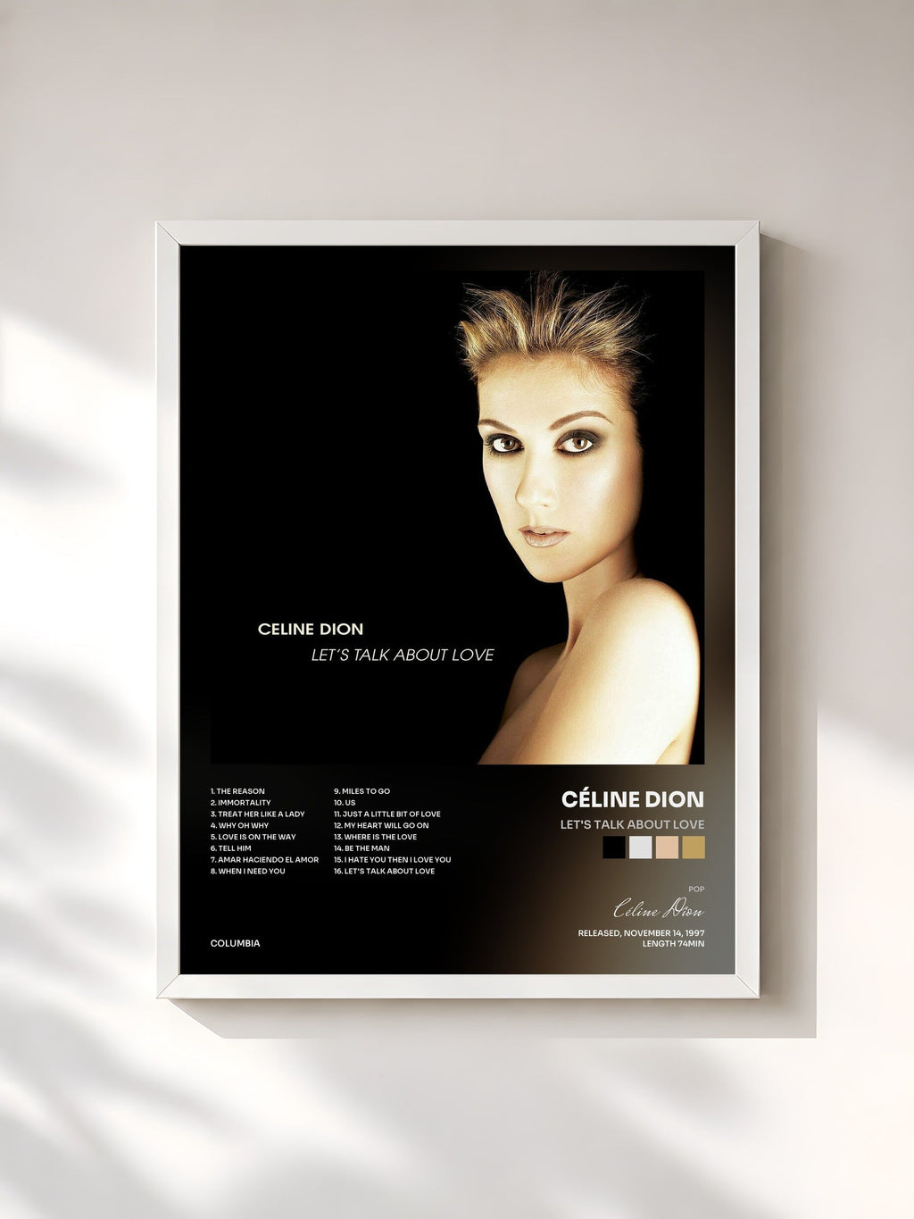 #blanc Tableau de l'album Let's Talk About Love de Céline Dion, cadre blanc, imprimé et encadré en France