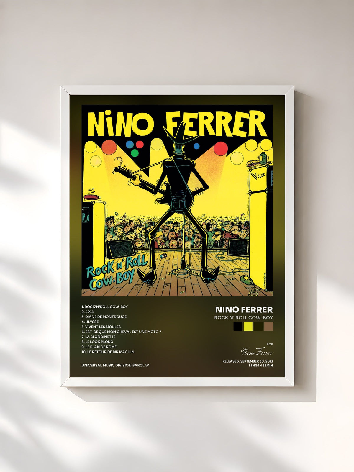 #blanc Tableau de l'album Rock N' Roll Cow-Boy de Nino Ferrer, cadre blanc, imprimé et encadré en France