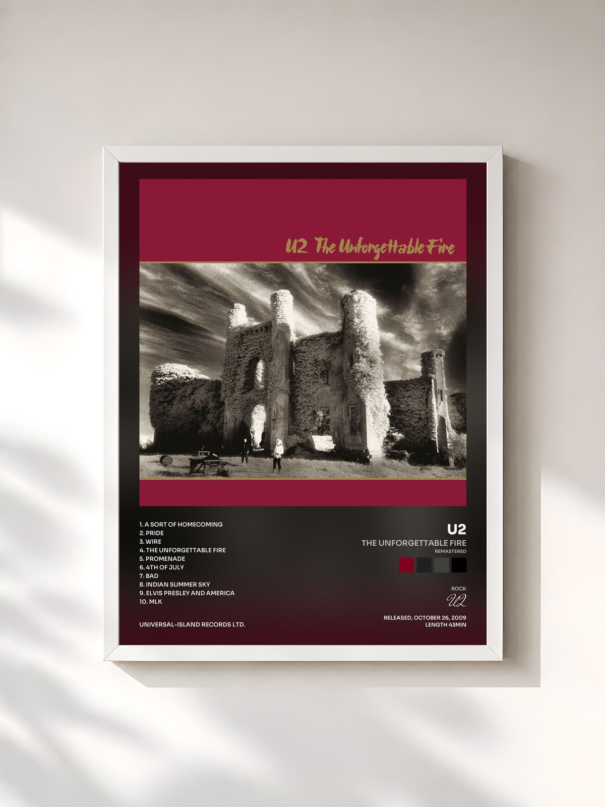 #blanc Tableau de l'album The Unforgettable Fire (Remastered) de U2, cadre blanc, imprimé et encadré en France