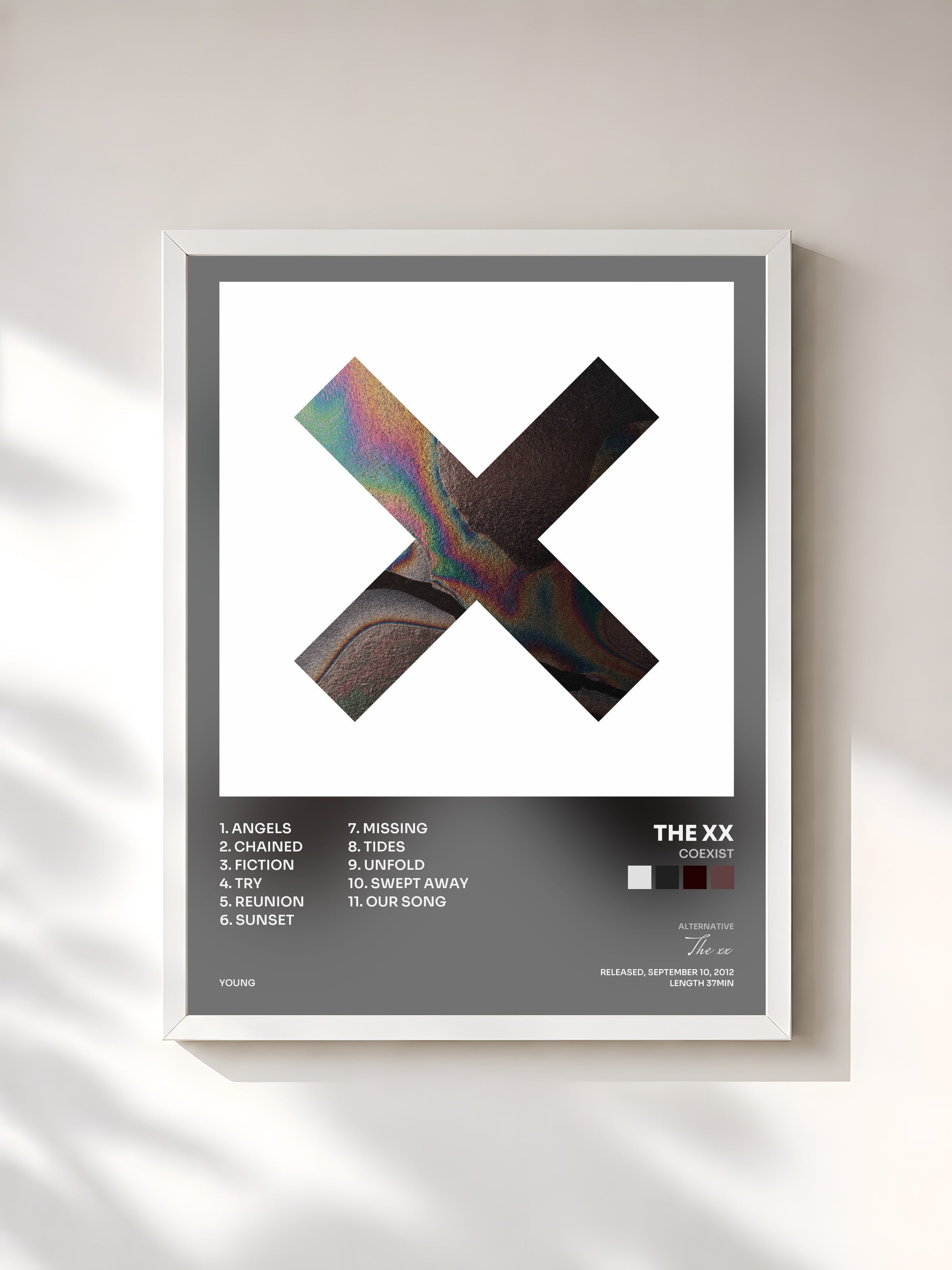 #blanc Tableau de l'album Coexist de The xx, cadre blanc, imprimé et encadré en France